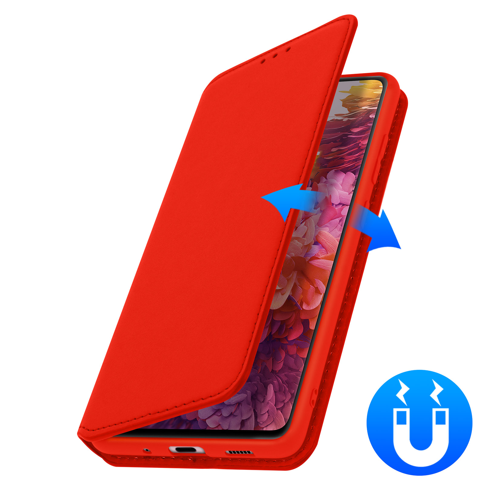 Rote Handyhülle mit blauen Pfeilen und einem Magnet-Symbol. Das Telefon befindet sich im Inneren.