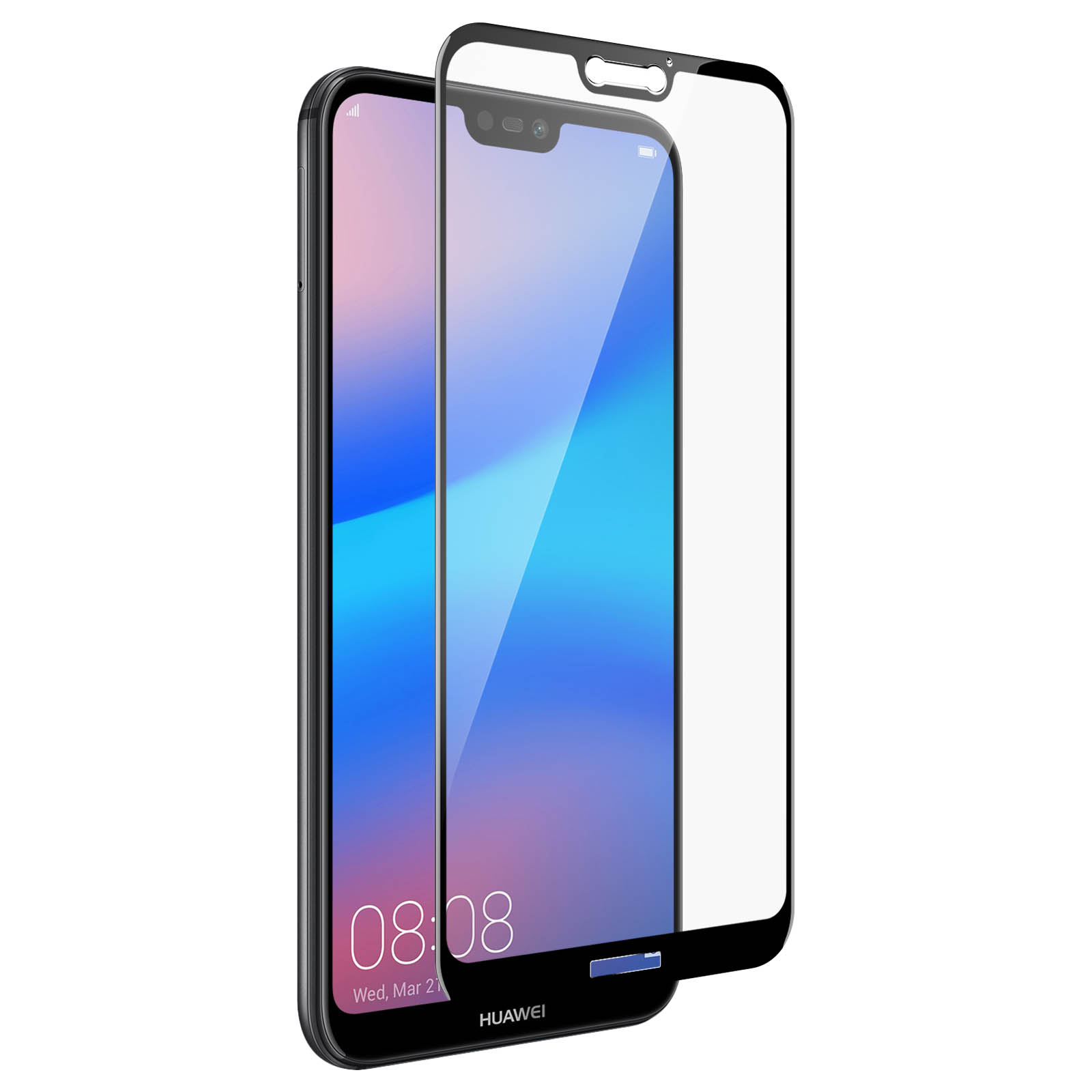 Un téléphone avec un protecteur d'écran. Le téléphone affiche l'heure 08:08. La marque Huawei est visible.
