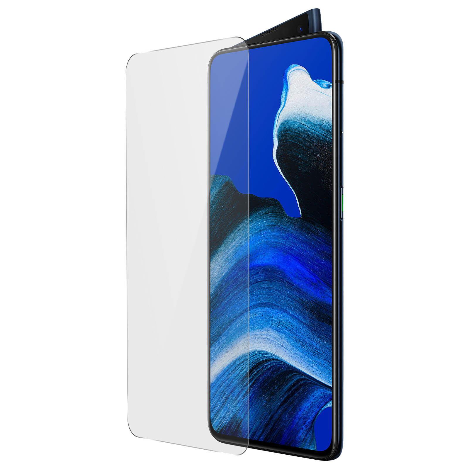 Un telefono con protezione schermo applicata, che mostra un design astratto blu e bianco.