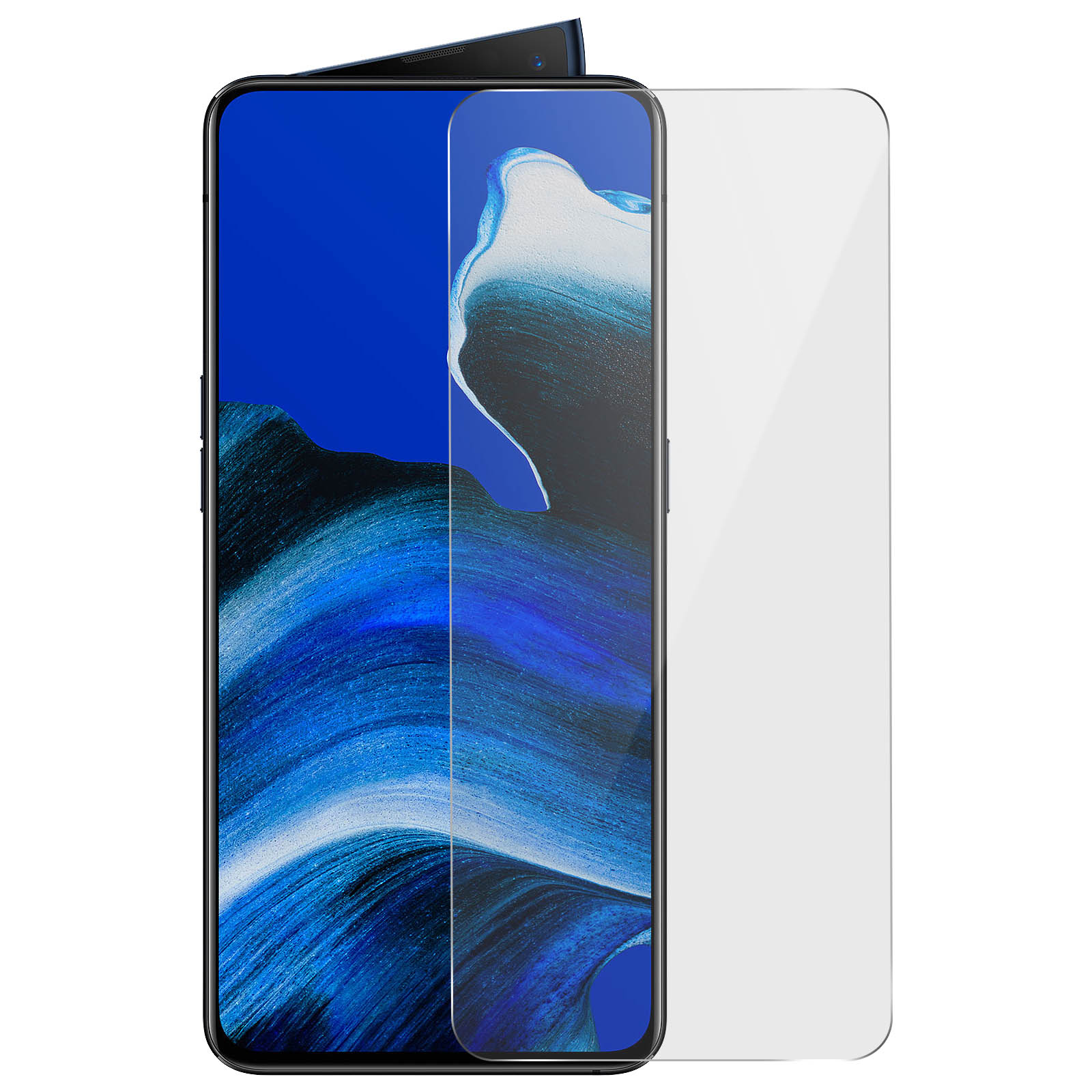 Telefono con protezione schermo applicata. Nero con display sfumato blu-viola.