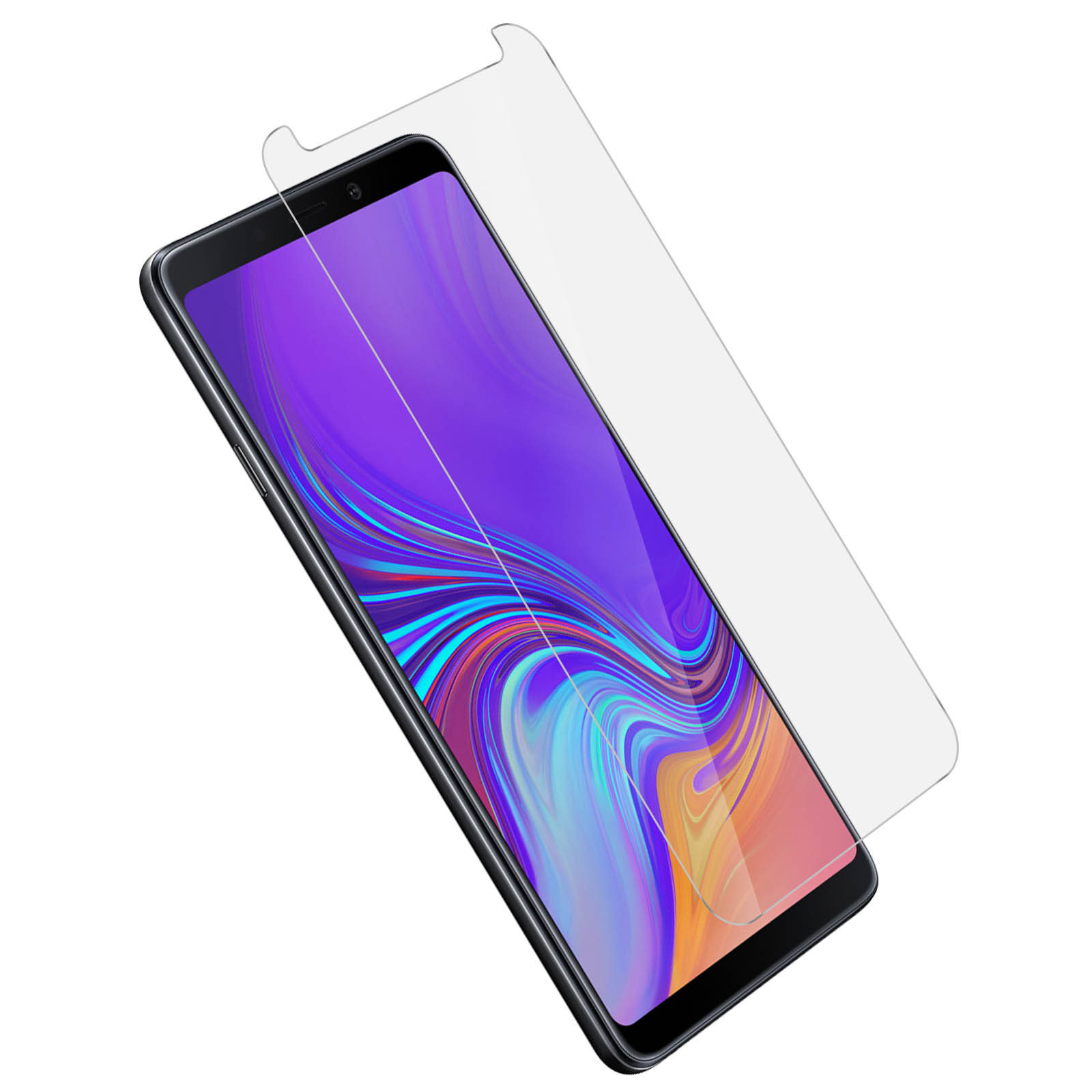 Un telefono con protezione schermo. Lo schermo è acceso, mostrando uno sfondo con tonalità viola e arancioni.
