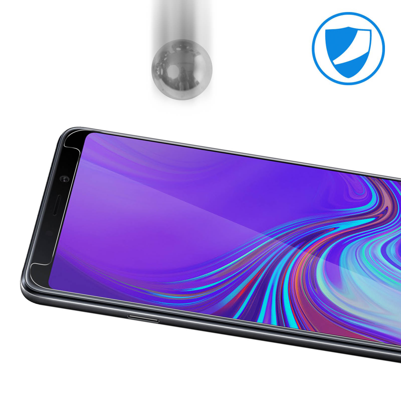 Un telefono con schermo viola e protezione schermo. Una palla d'argento sta cadendo verso lo schermo.