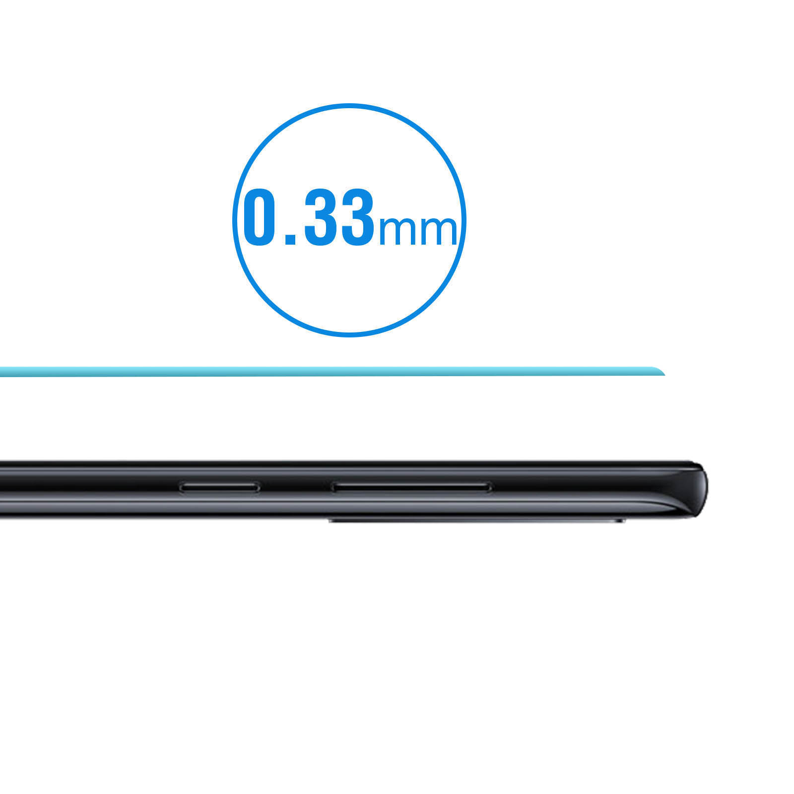 Primo piano del lato di uno smartphone. Un cerchio blu indica lo spessore della protezione schermo.