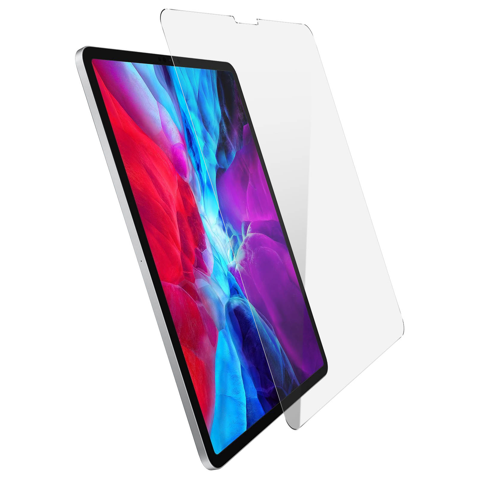 Un tablet con protezione schermo. Lo schermo è acceso e lo sfondo ha colori rosso e blu.