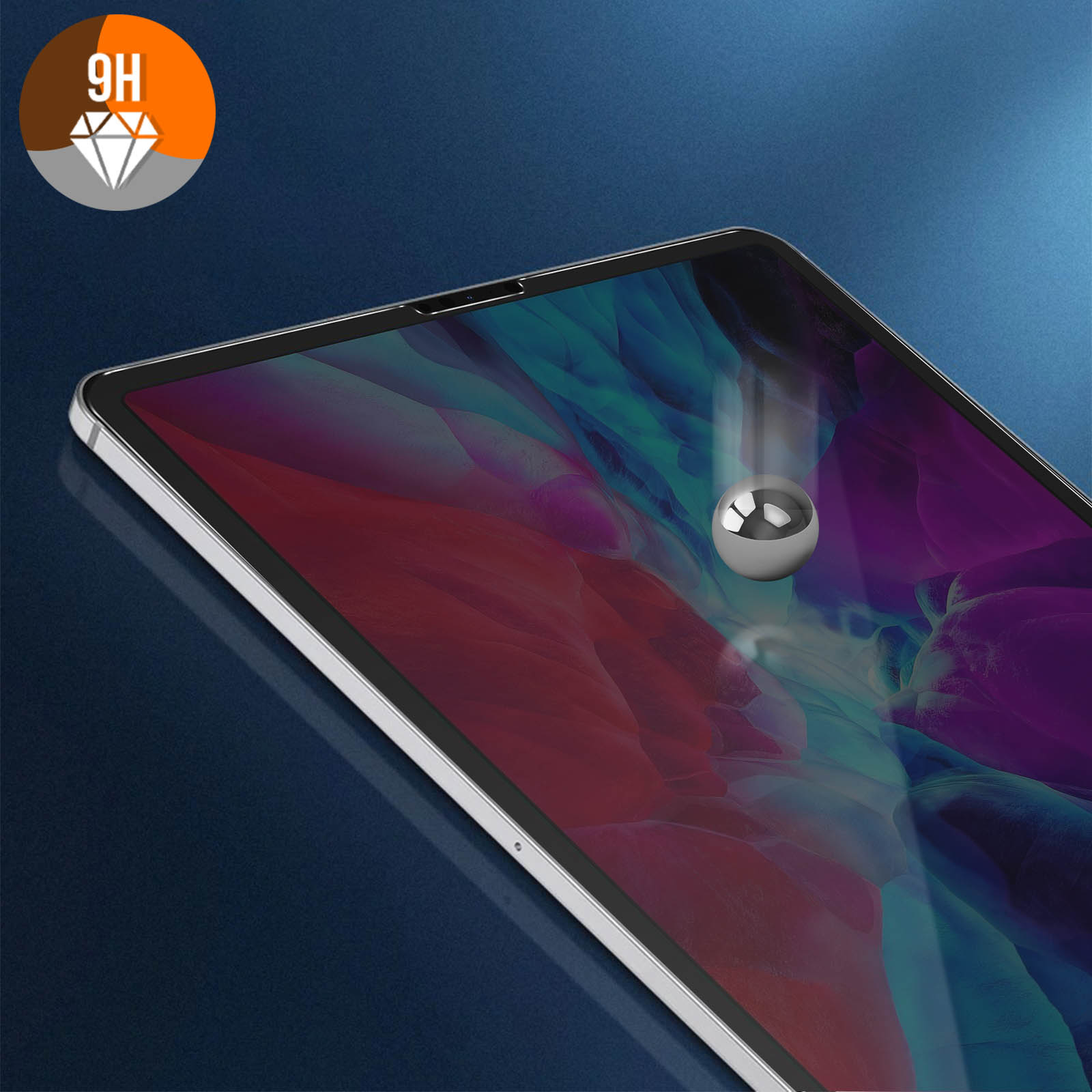 Tablet con protezione schermo. Sfera d'argento che cade. Superficie blu. Logo 9H.