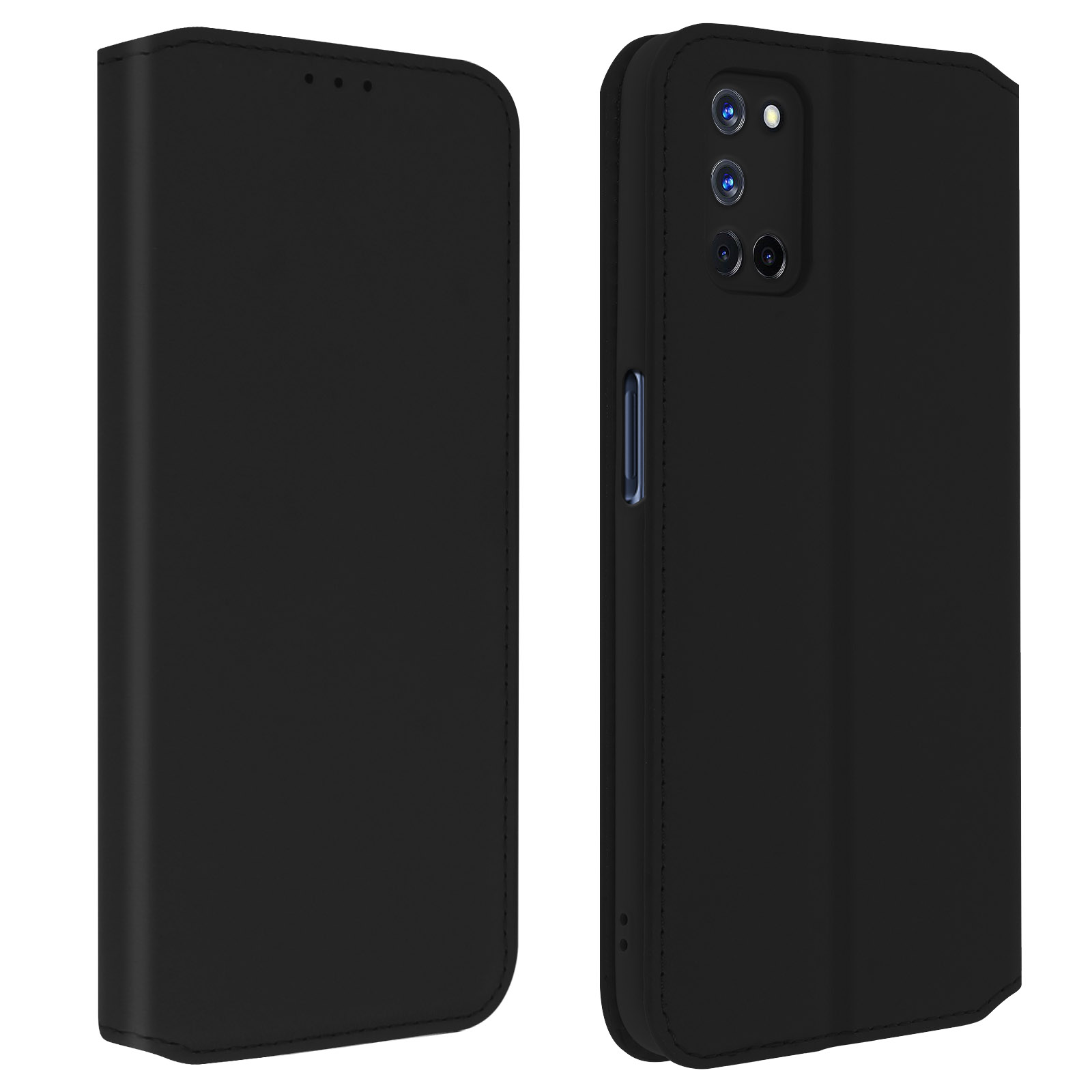 Étui de téléphone noir, ouvert et fermé. L'étui ouvert montre un étui noir.