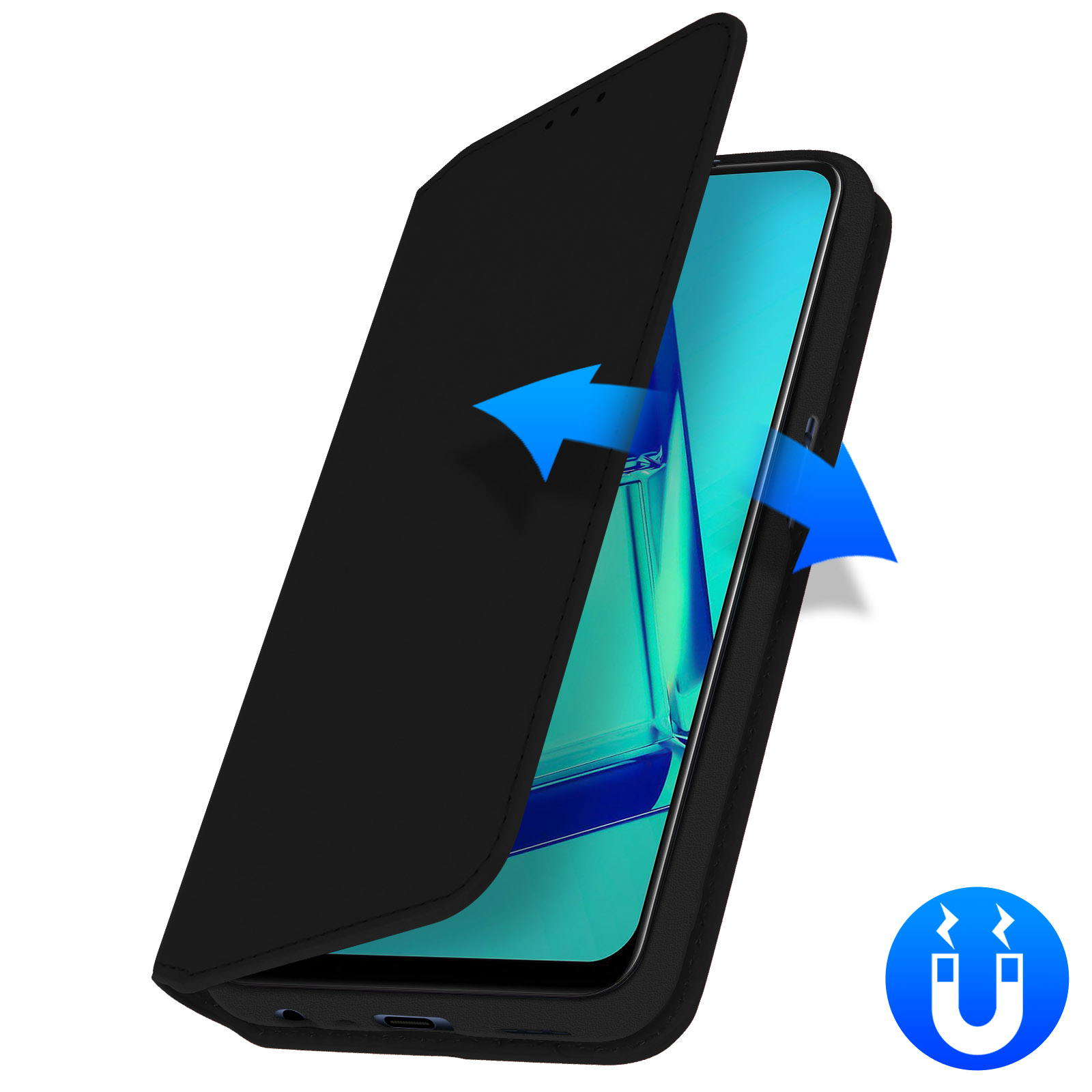 Étui de téléphone noir avec rabat, s'ouvrant pour révéler l'écran du téléphone. Flèches bleues et un symbole d'aimant visibles.