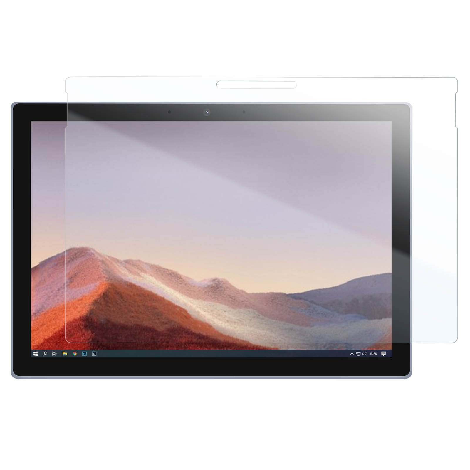 Lo schermo del laptop mostra un paesaggio montano. È applicata una protezione schermo trasparente.