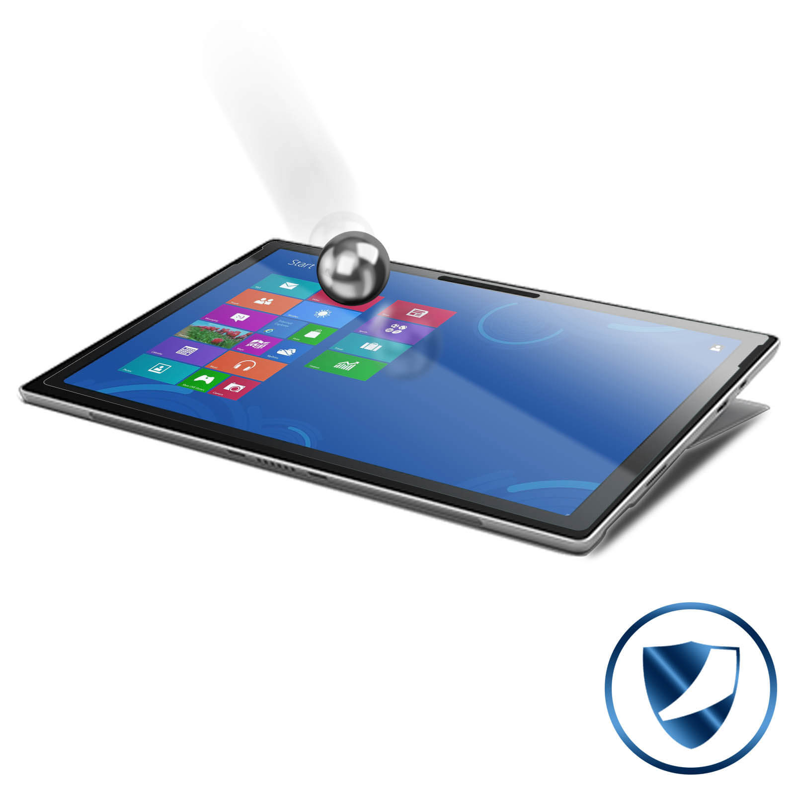 Tablet con schermata iniziale di Windows. Una sfera d'argento cade sullo schermo. Logo di protezione nell'angolo.