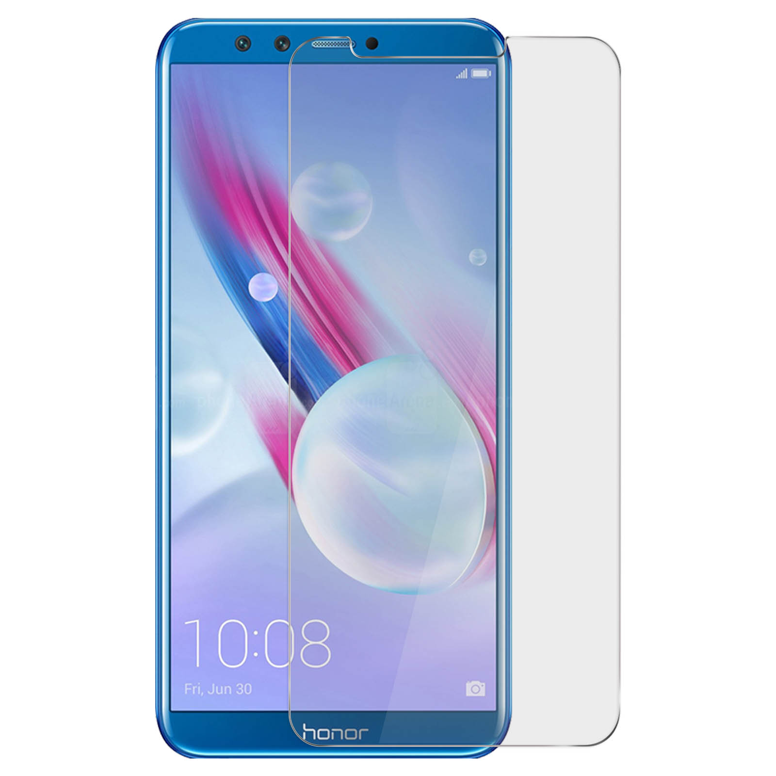 Smartphone blu con protezione schermo. Protezione trasparente applicata sullo schermo. Ora: 10:08.