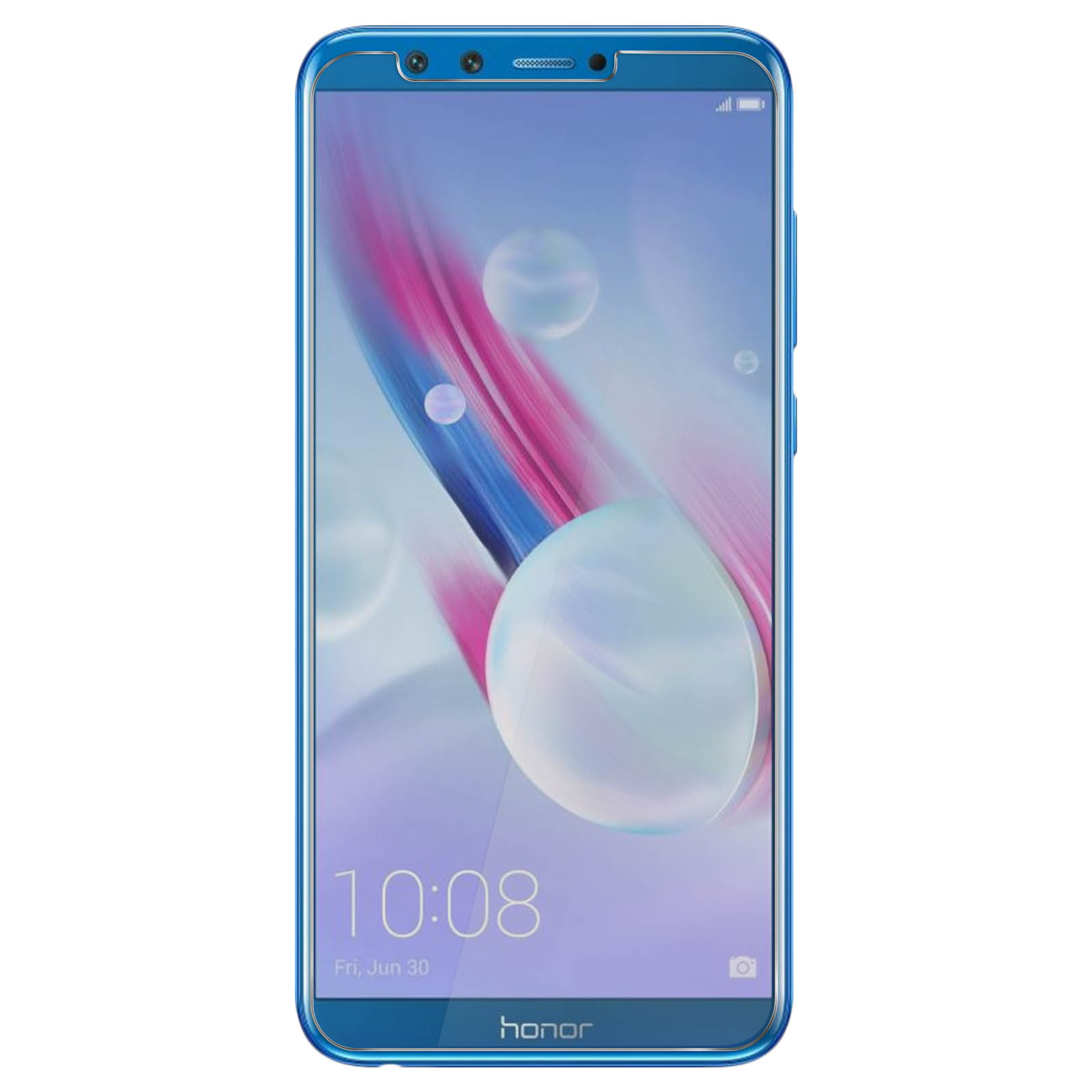 Un telefono blu è mostrato, che mostra l'ora e la data.