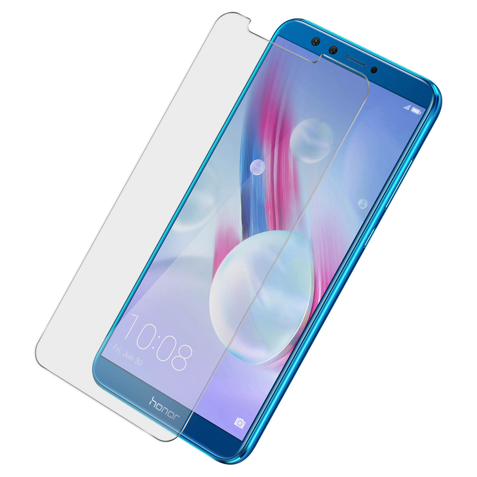 Uno smartphone blu con una protezione schermo sullo schermo. Il telefono è su uno sfondo bianco.