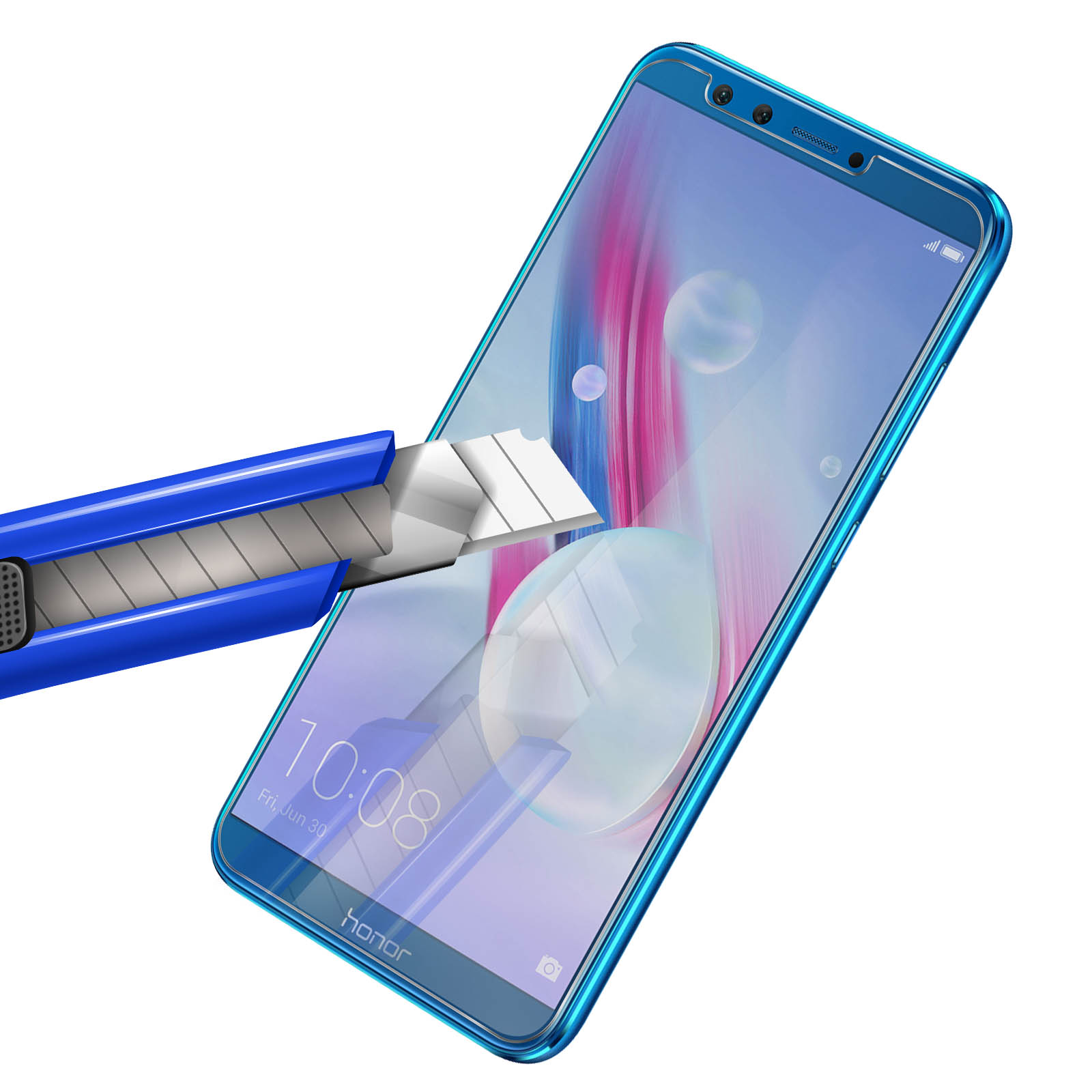 Un taglierino blu che taglia lo schermo di un telefono con un proteggi schermo.