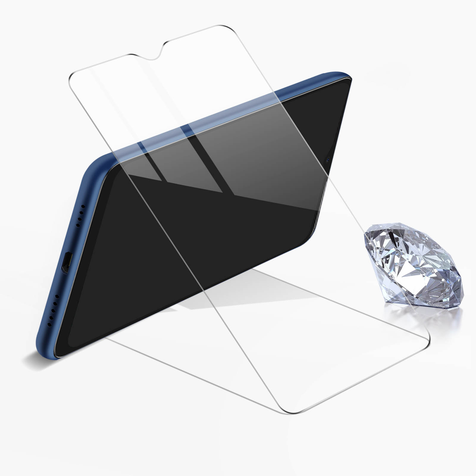 Telefono con protezione schermo e diamante. Il diamante e il telefono sono su una superficie bianca.