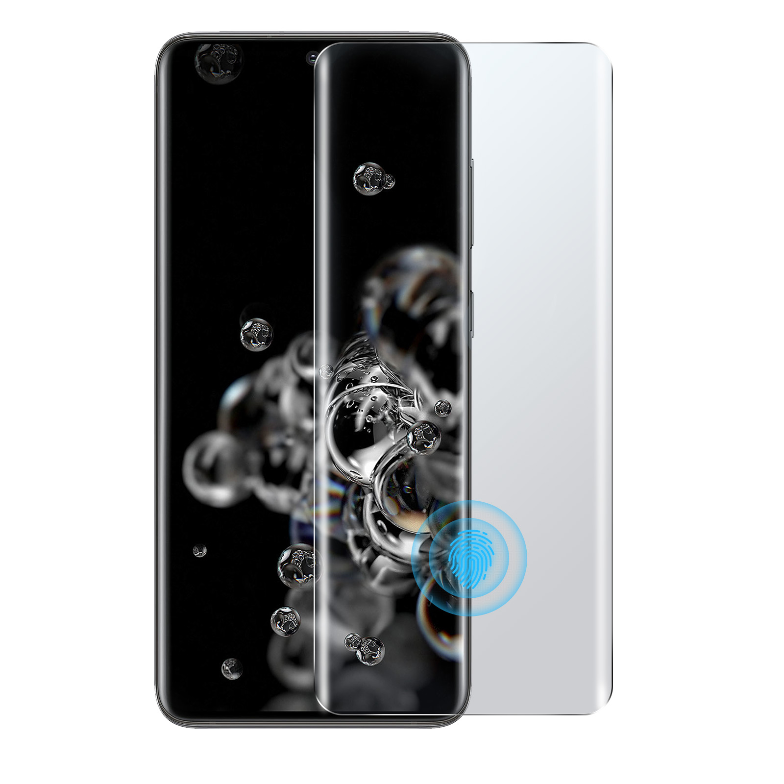 Telefono nero con protezione schermo. Effetto bolle e sensore impronte digitali.