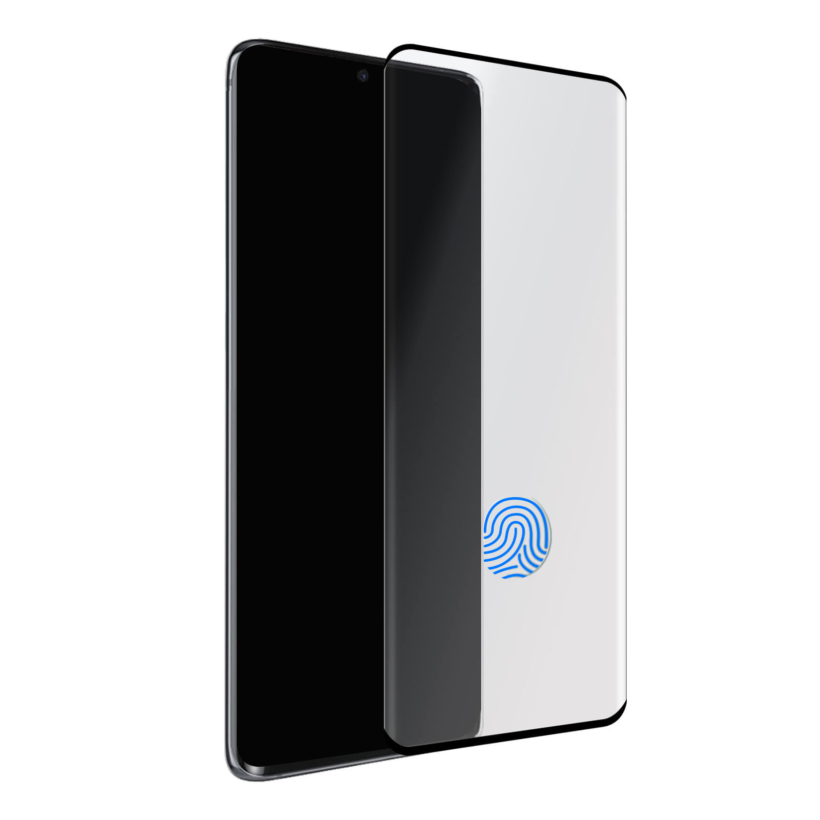 Uno smartphone con protezione schermo. Lo schermo è nero con un simbolo di impronta digitale.
