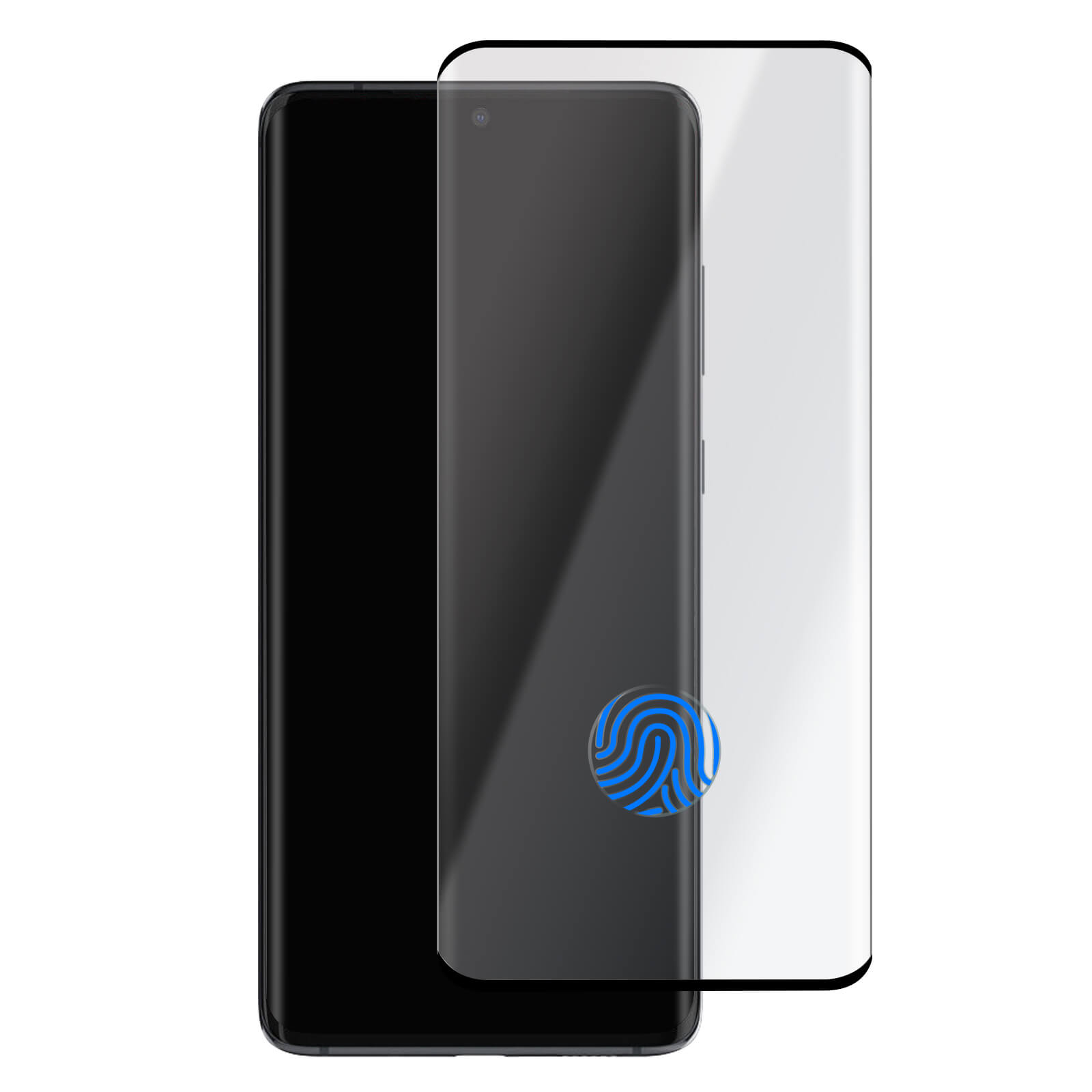 Smartphone con protezione schermo. Un'icona blu di impronta digitale è sullo schermo.