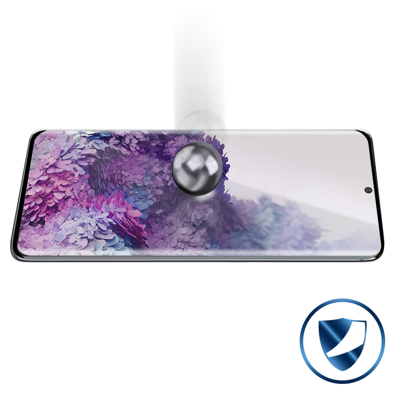 Un telefono con protezione schermo. Una palla di metallo sta cadendo sullo schermo. C'è un logo a scudo sotto.