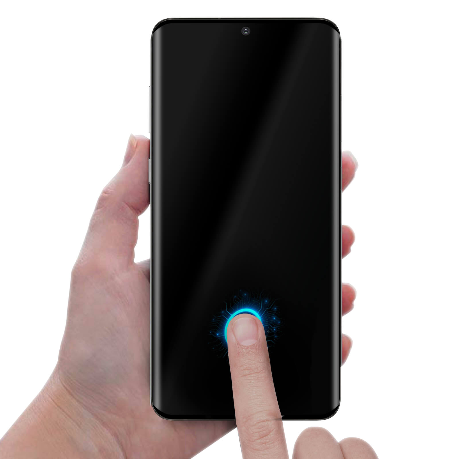 Una mano tocca lo schermo nero del telefono. È visibile un'icona di impronta digitale.