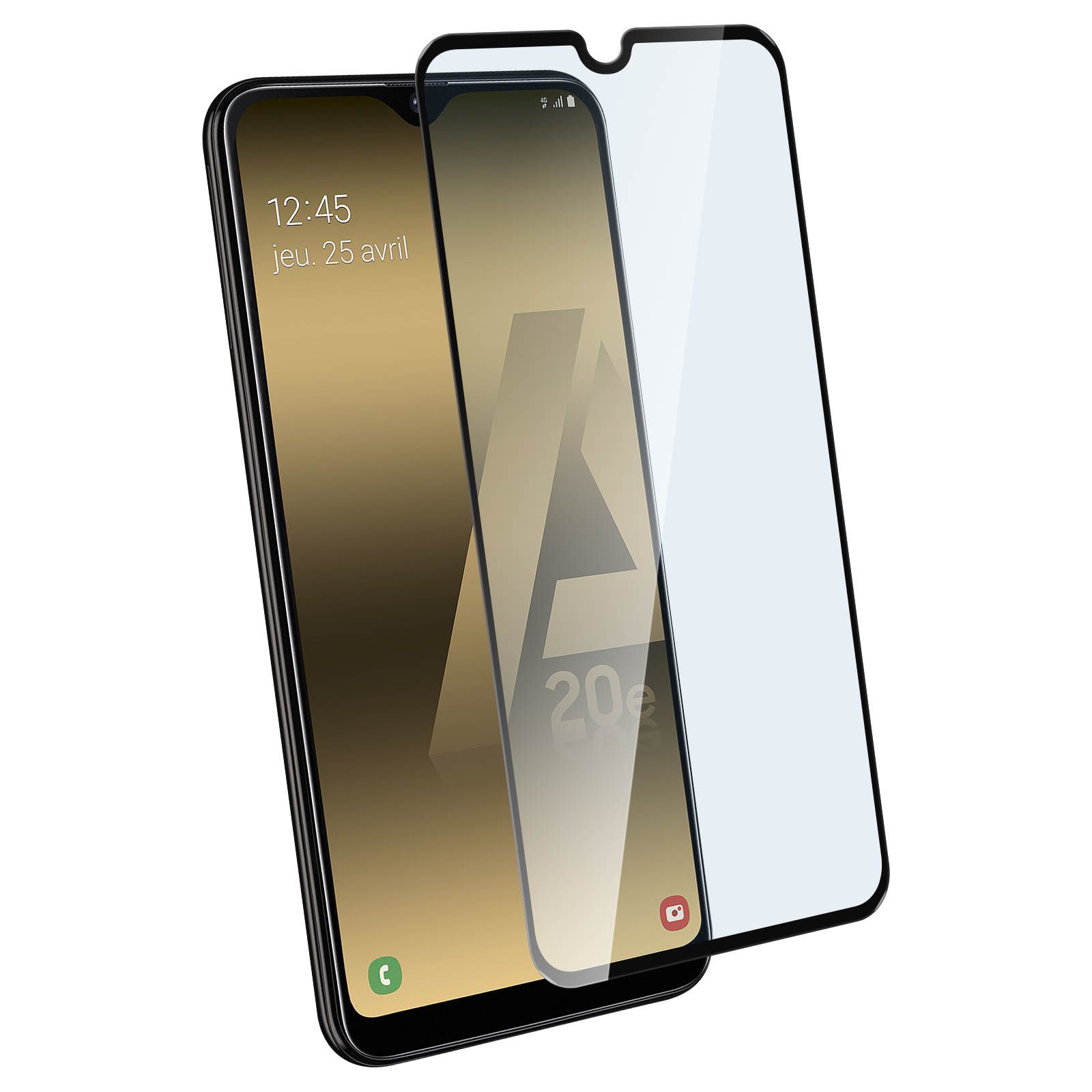 Een zwarte telefoon met een schermbeschermer. De telefoon toont datum en tijd met een gouden achtergrond.