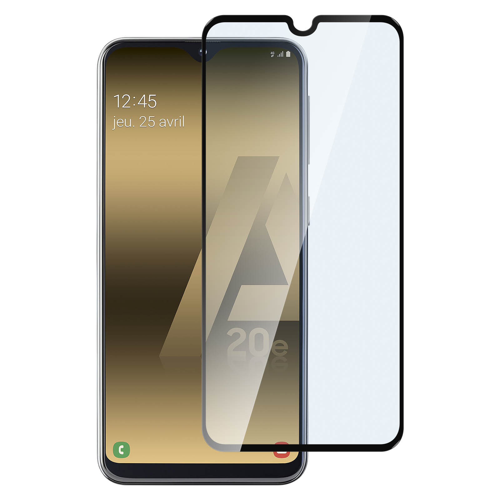 Een smartphone met een schermbeschermer. Het scherm toont 12:45 en de datum, jeu. 25 avril.
