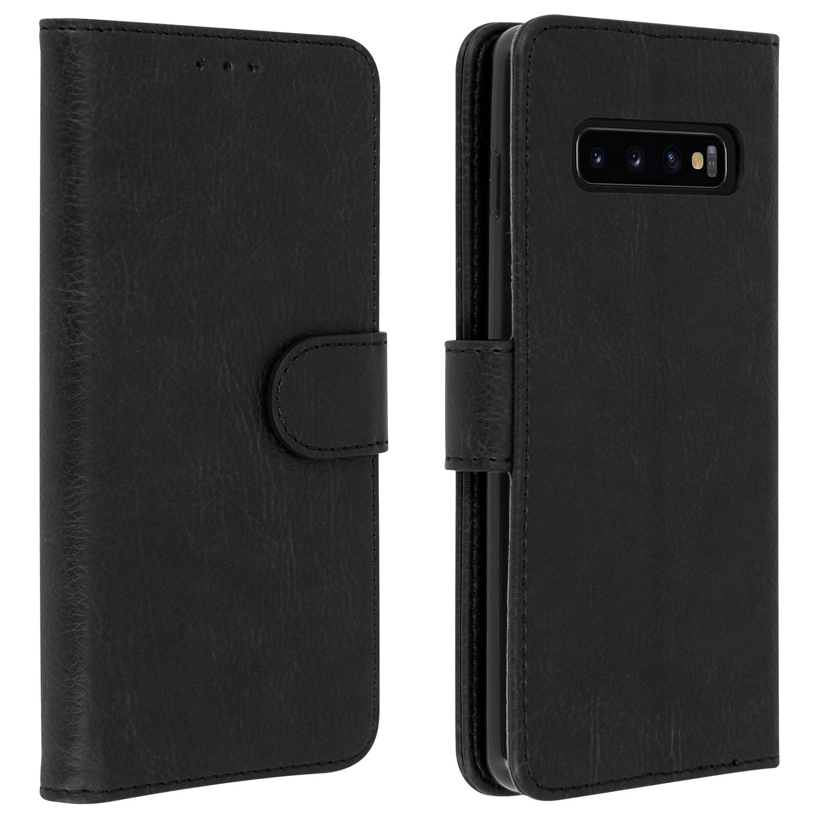 Custodia per telefono nera, aperta. La custodia è simile alla pelle e ha una chiusura magnetica.
