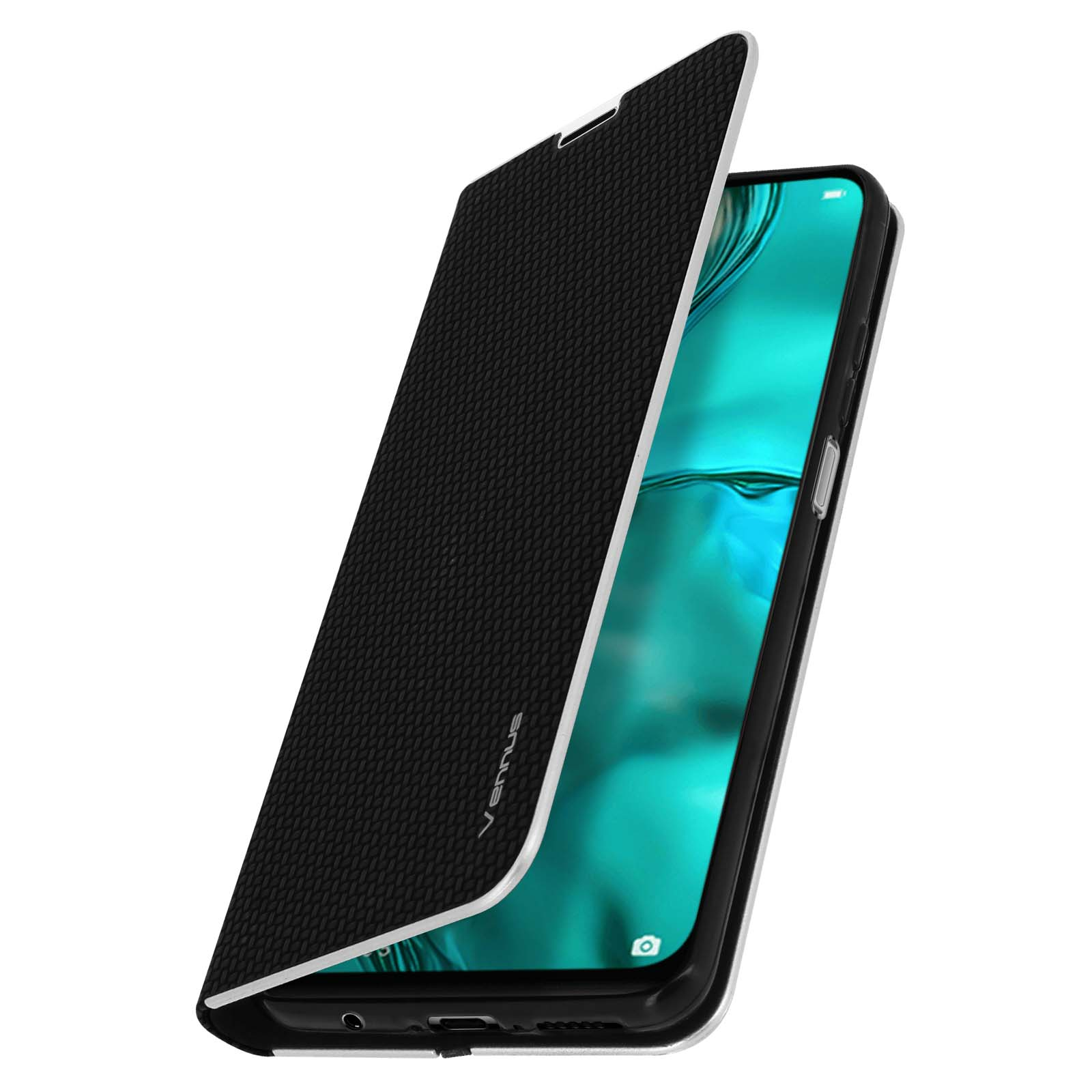 Custodia nera per telefono che si apre. Il telefono è nella custodia con schermo verde.