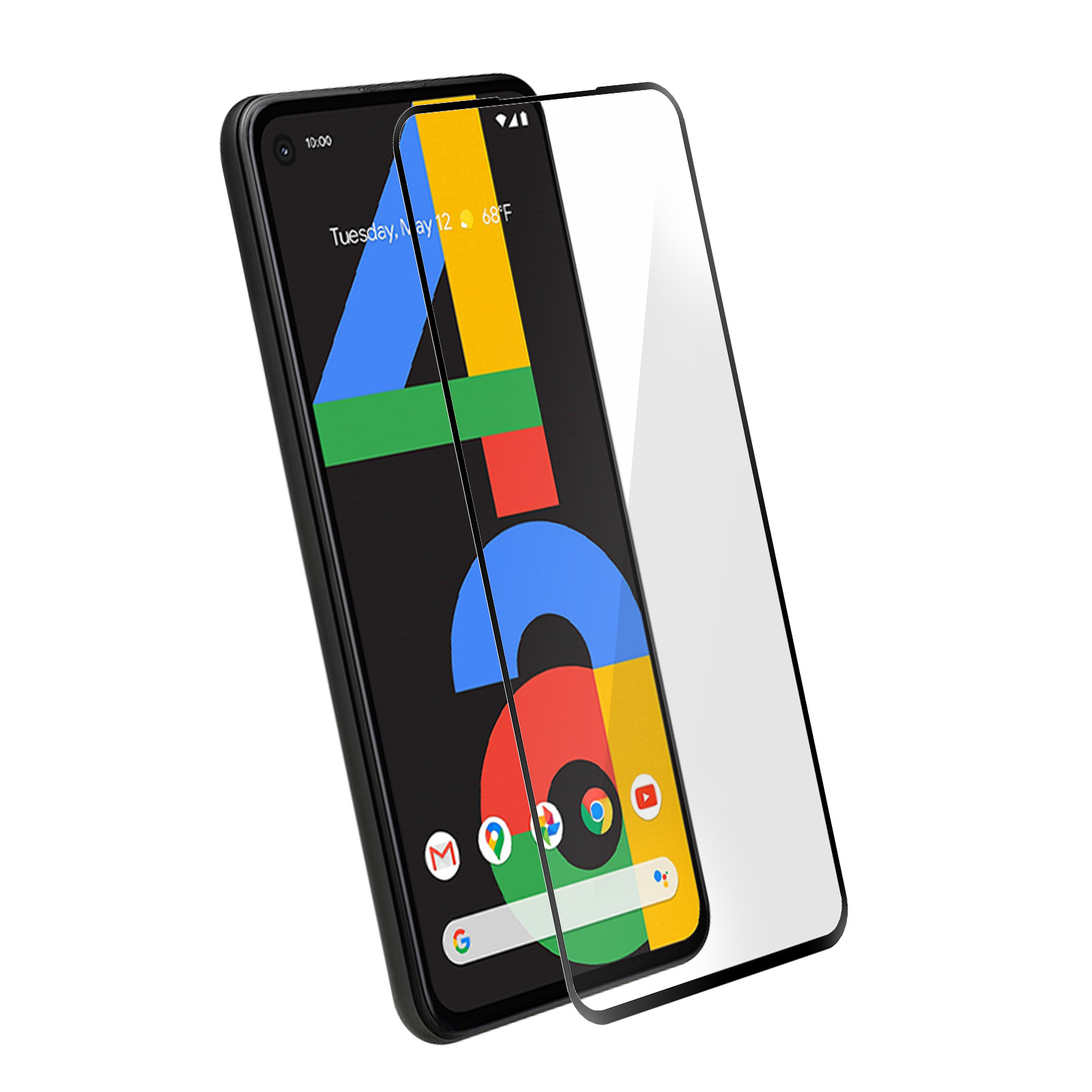 Uno smartphone nero con una protezione per lo schermo. Lo schermo mostra un logo 'A' colorato e icone di app. Lo sfondo è bianco.