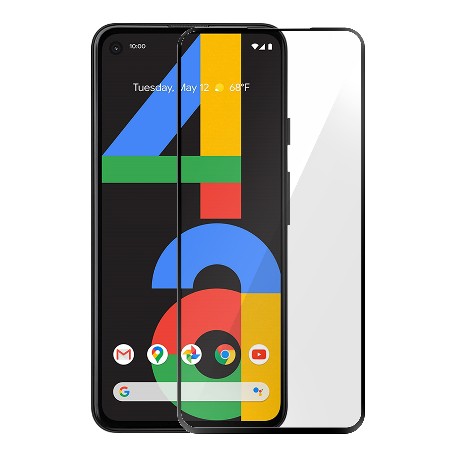 Uno smartphone nero con protezione schermo. Lo schermo mostra il logo Google, la data e le icone delle app. Lo sfondo è bianco.