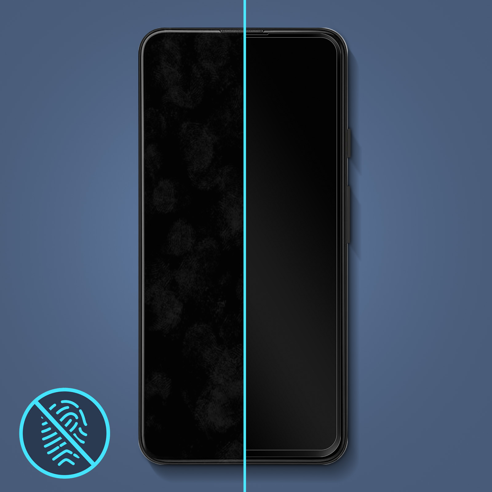 L'immagine mostra uno schermo del telefono, metà con impronte digitali, metà pulito. Un'icona di impronta digitale è nell'angolo.