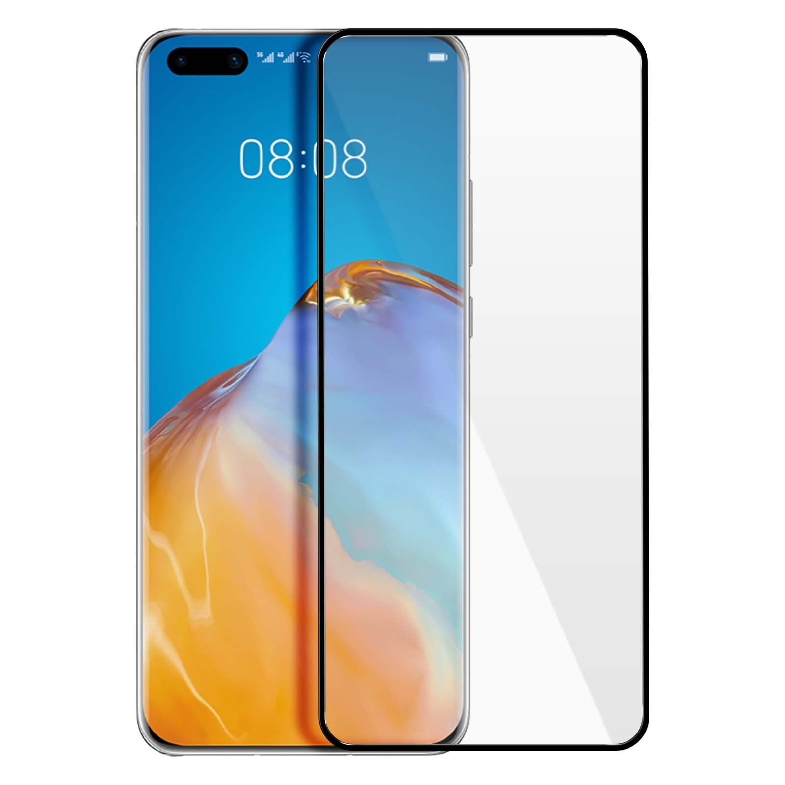 Smartphone con protezione schermo. Il display mostra l'ora. La protezione schermo è a destra. Sfondo sfumato blu e arancione.