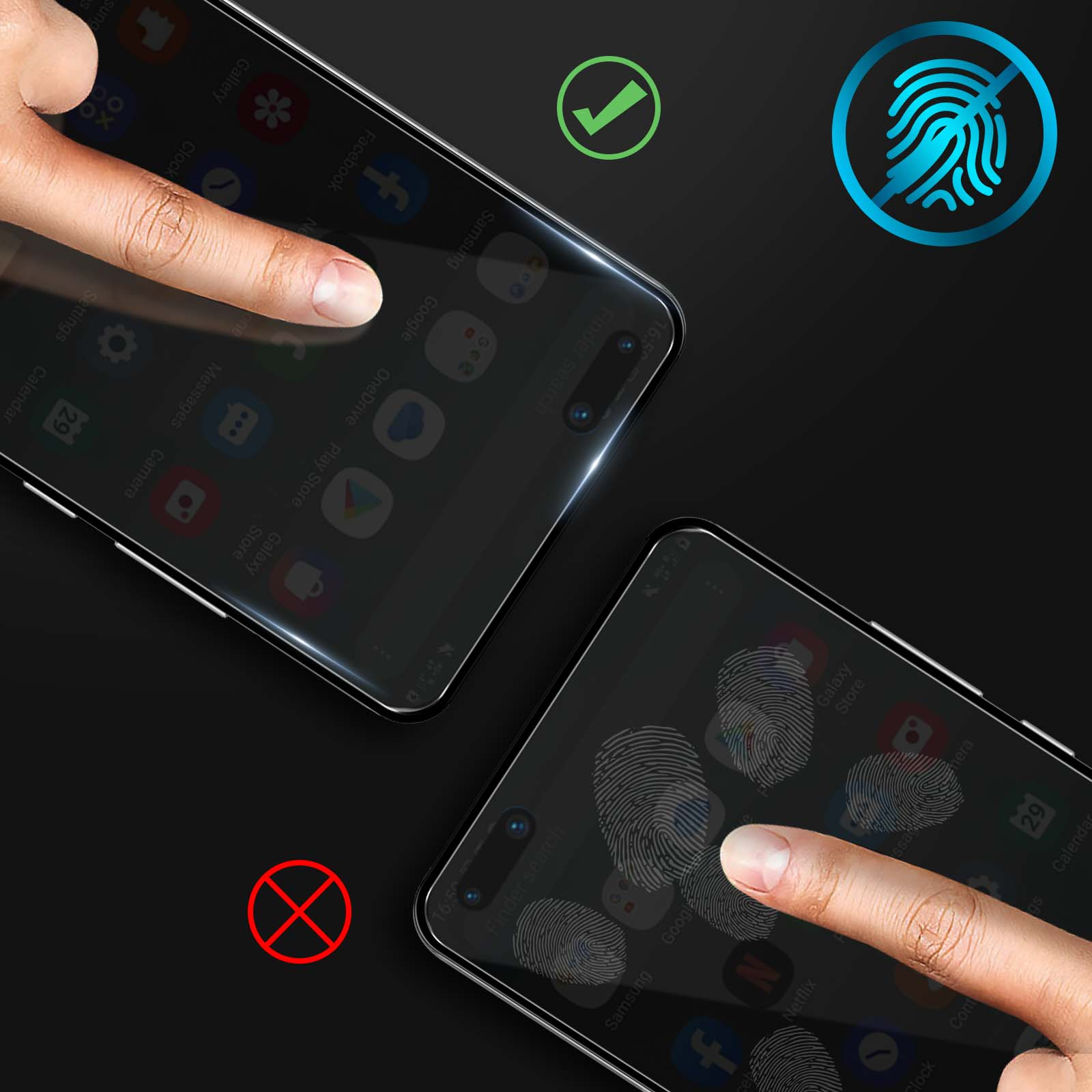 Due telefoni con impronte digitali, uno con un dito che tocca lo schermo, segno di spunta verde, divieto rosso e icona dell'impronta digitale.