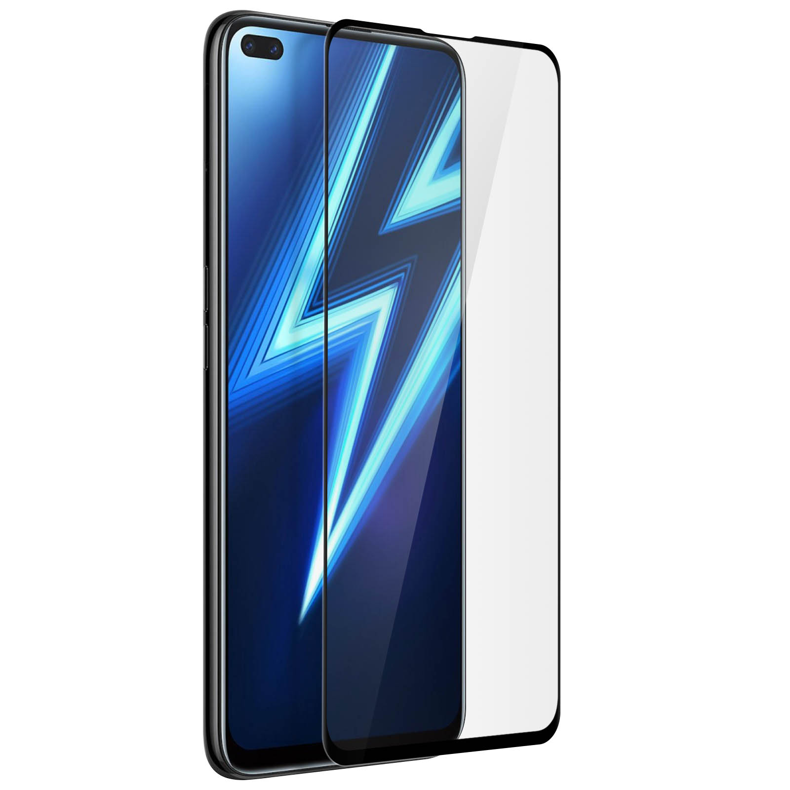 Viene visualizzato uno smartphone nero con una protezione per lo schermo. Lo schermo mostra un design a fulmine blu e bianco.