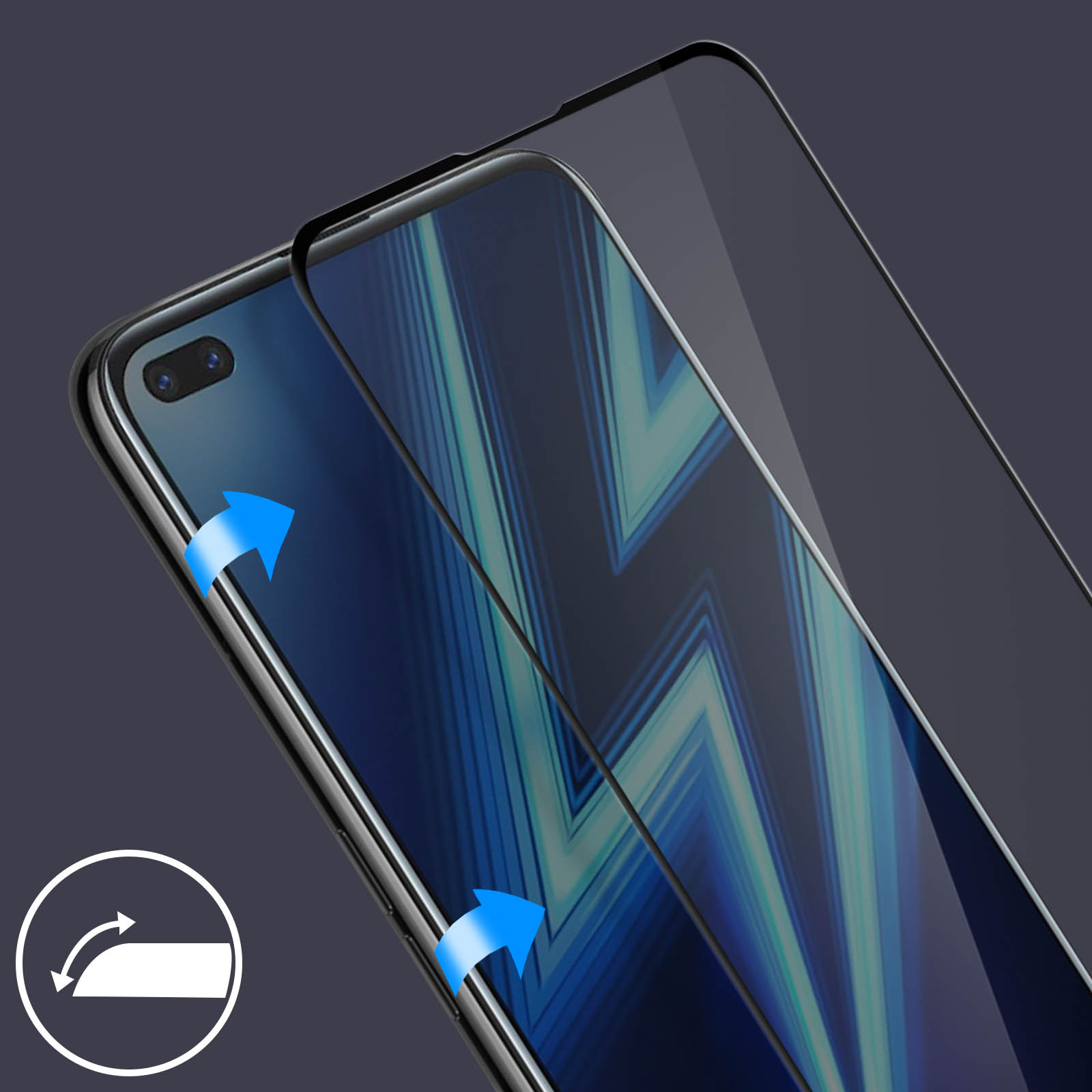 Telefono con protezione schermo. Frecce blu indicano l'applicazione. Dettagli schermo blu e bianco. Sfondo grigio scuro.