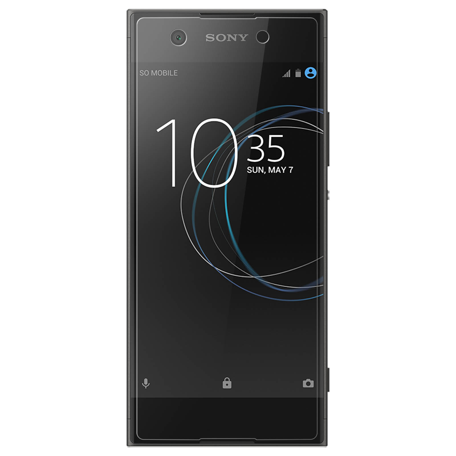 Zwarte Sony-telefoon toont tijd, datum en signaalsterkte.