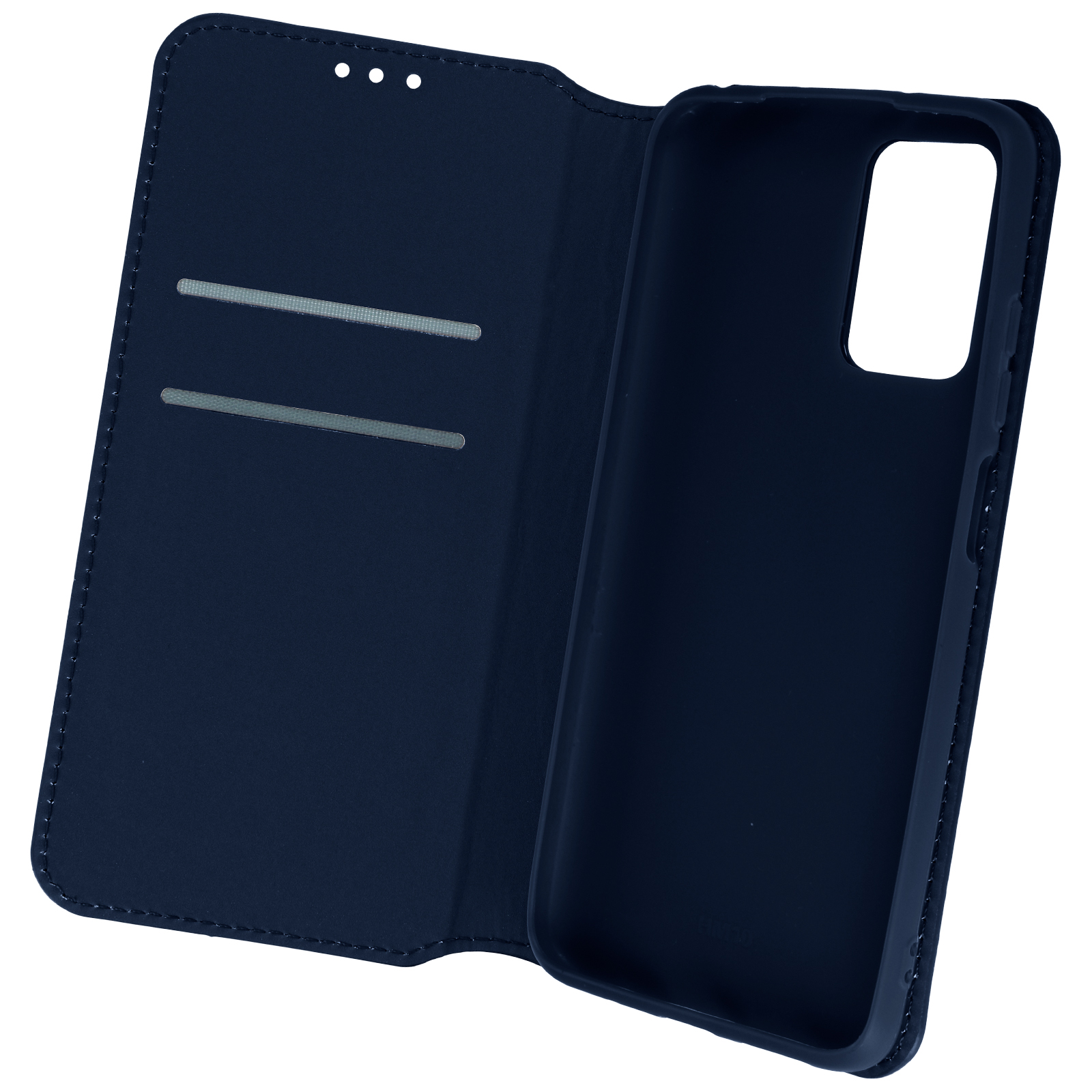 Coque de téléphone bleu foncé, ouverte, avec fentes pour cartes.