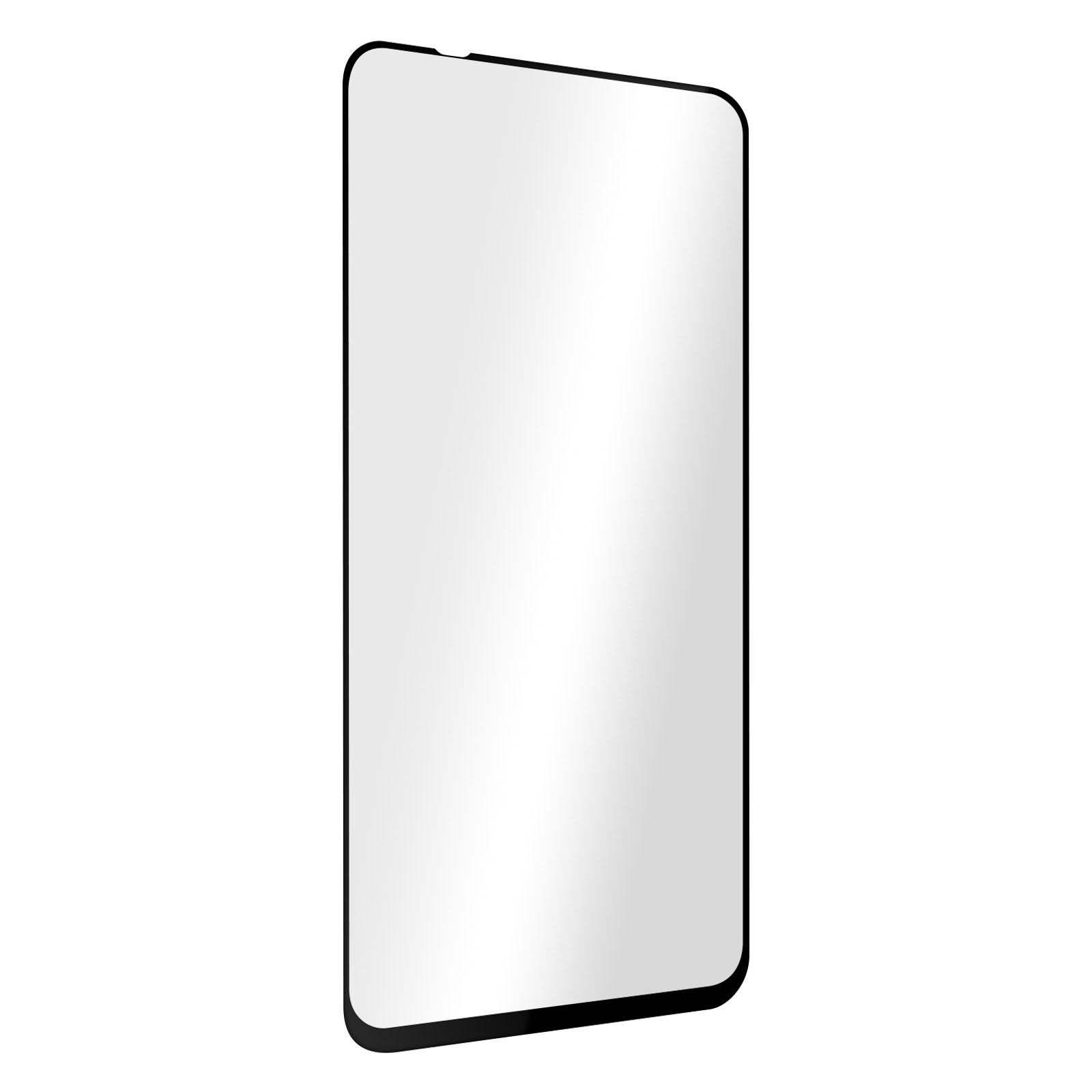 Un protecteur d'écran rectangulaire aux coins arrondis. Il a un bord noir et est posé sur un fond blanc.