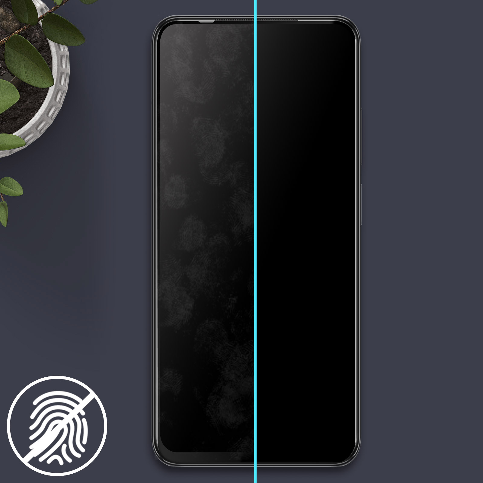 Schermo dello smartphone diviso, un lato con impronte digitali. Una pianta in alto a sinistra, un'icona senza impronte digitali.