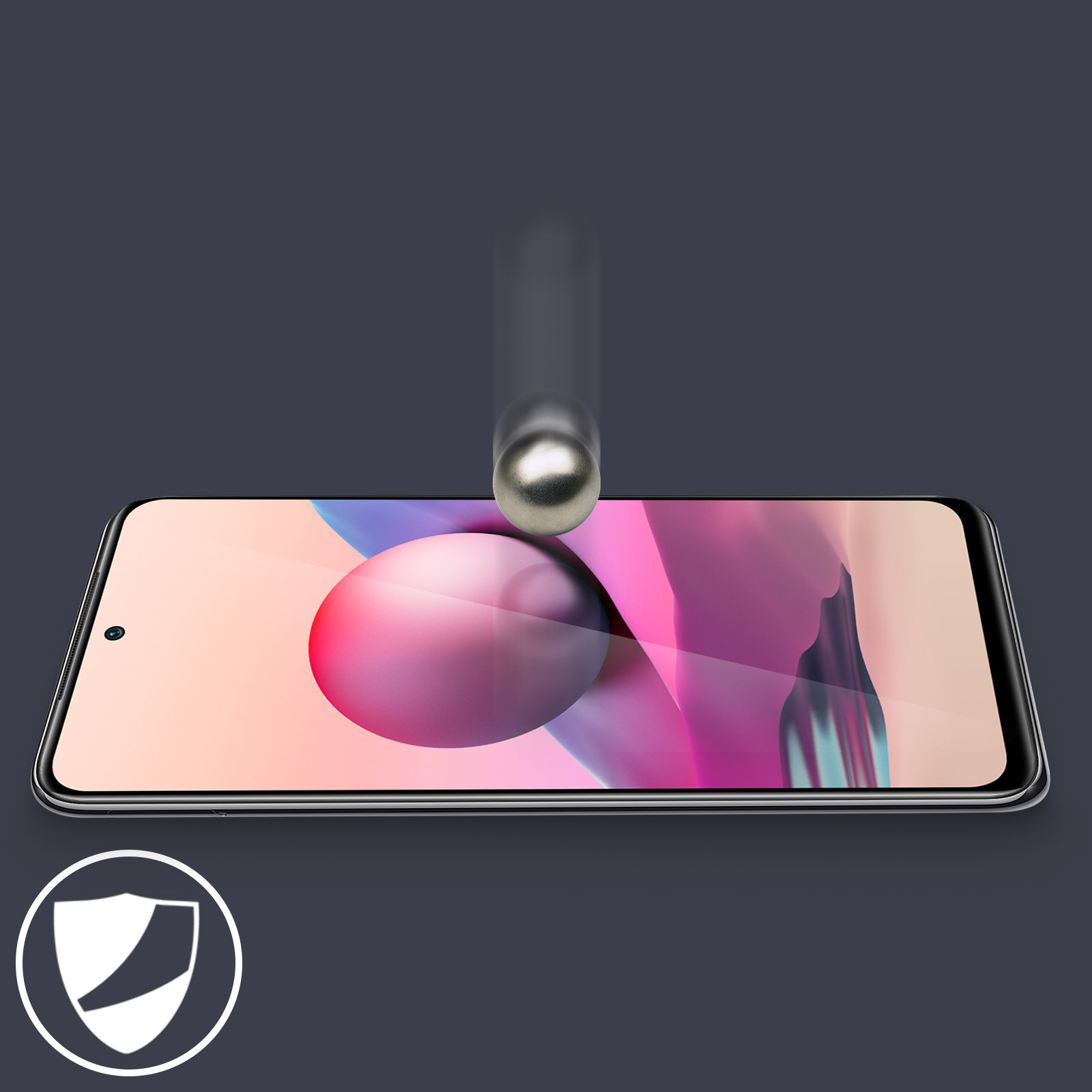 Uno schermo del telefono con una sfera e una palla che cade, che mostra forse la protezione dello schermo. Icona dello scudo nell'angolo.