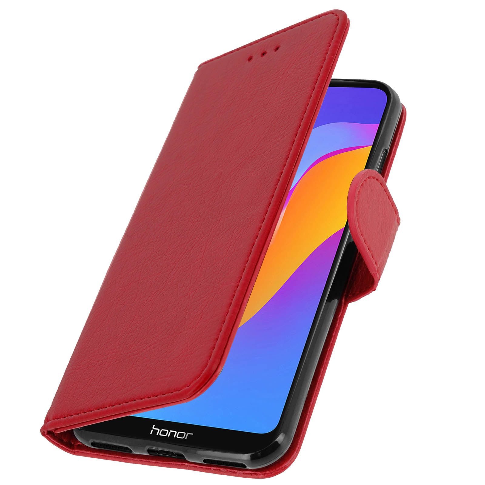 Custodia rossa per telefono con telefono dentro. Custodia aperta, schermo visibile.