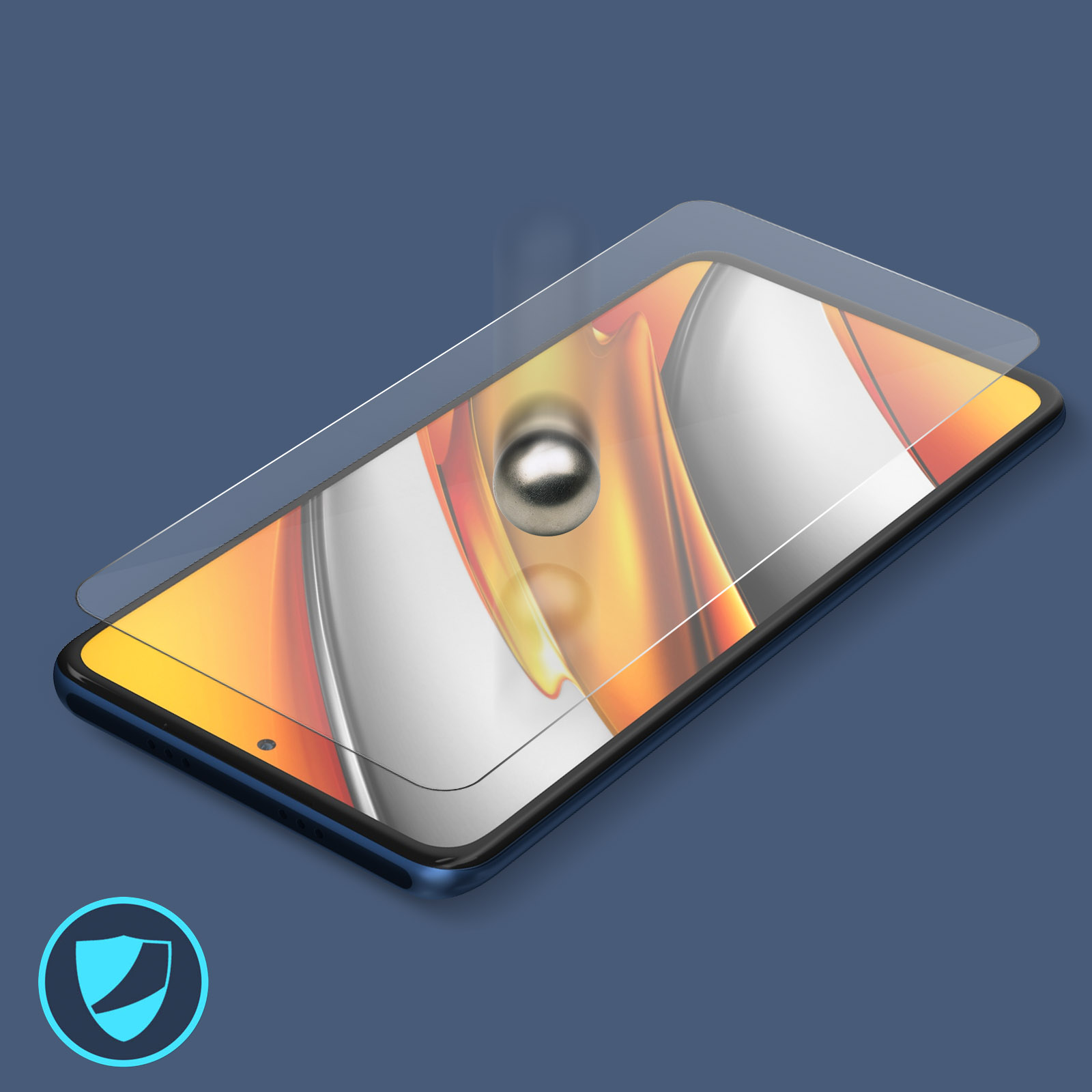 Smartphone con protezione schermo applicata. Sfondo blu.