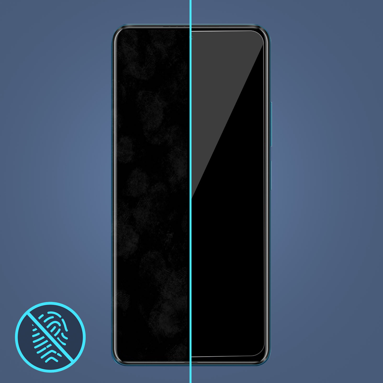 Schermo dello smartphone, prima e dopo la protezione schermo. Sfondo blu senza icona dell'impronta digitale.