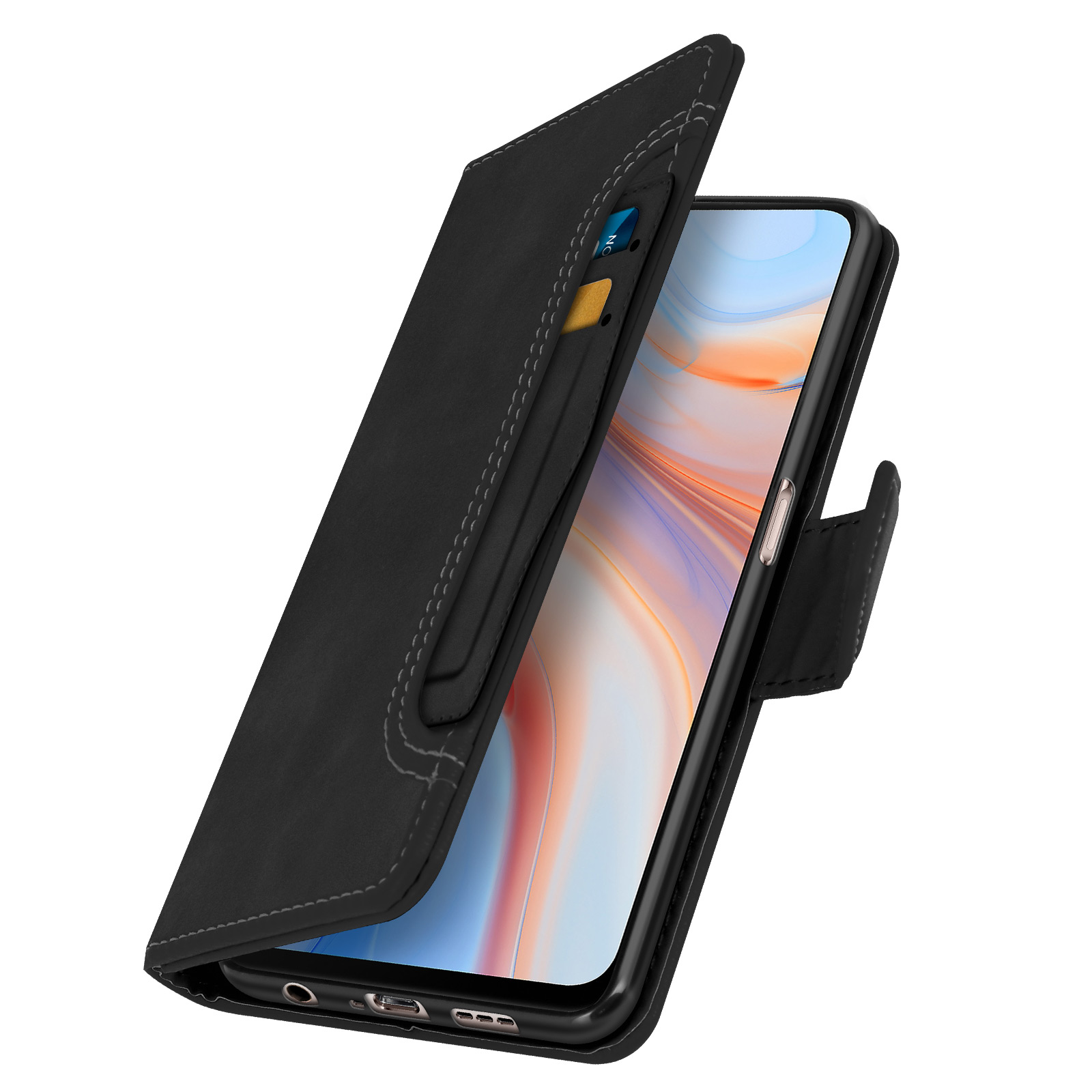 Custodia per telefono nera aperta, con telefono e tasca per carte.