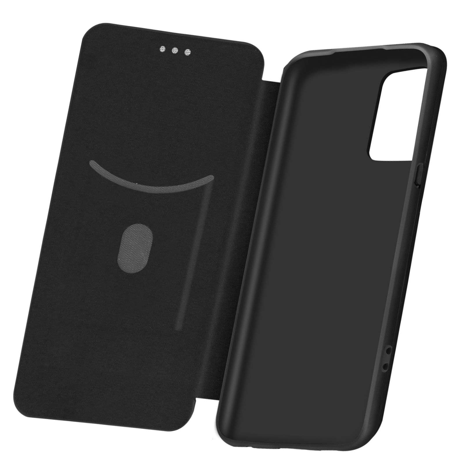 Custodia nera per telefono, aperta. Lato interno con fessura per carte. Pelle nera. Lato destro per telefono.