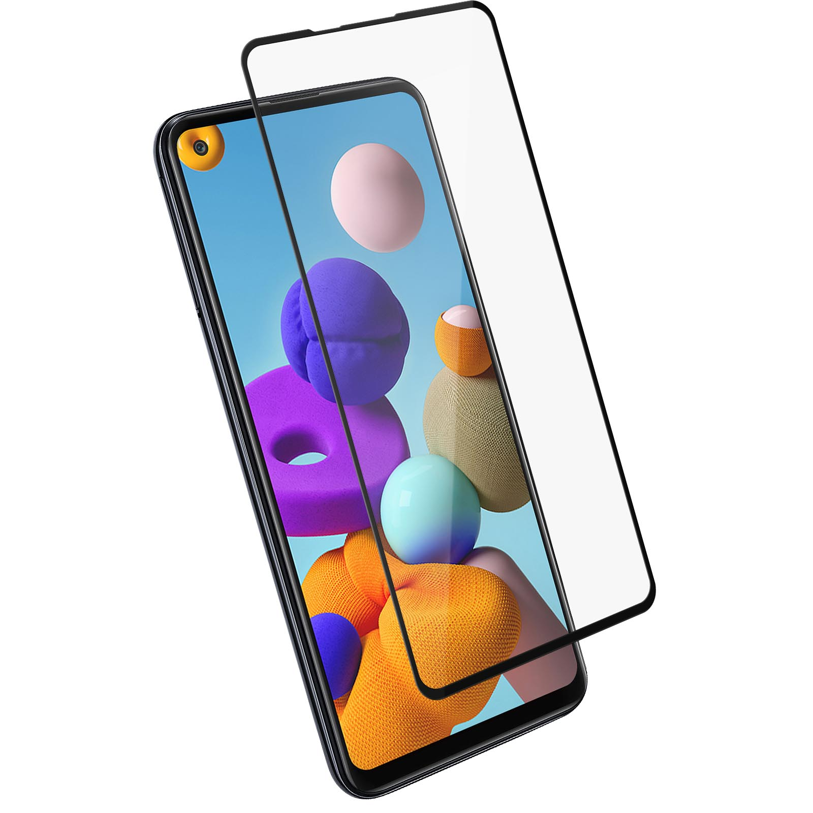 Een smartphone met een schermbeschermer. Het scherm toont kleurrijke abstracte vormen. De beschermer is transparant glas.