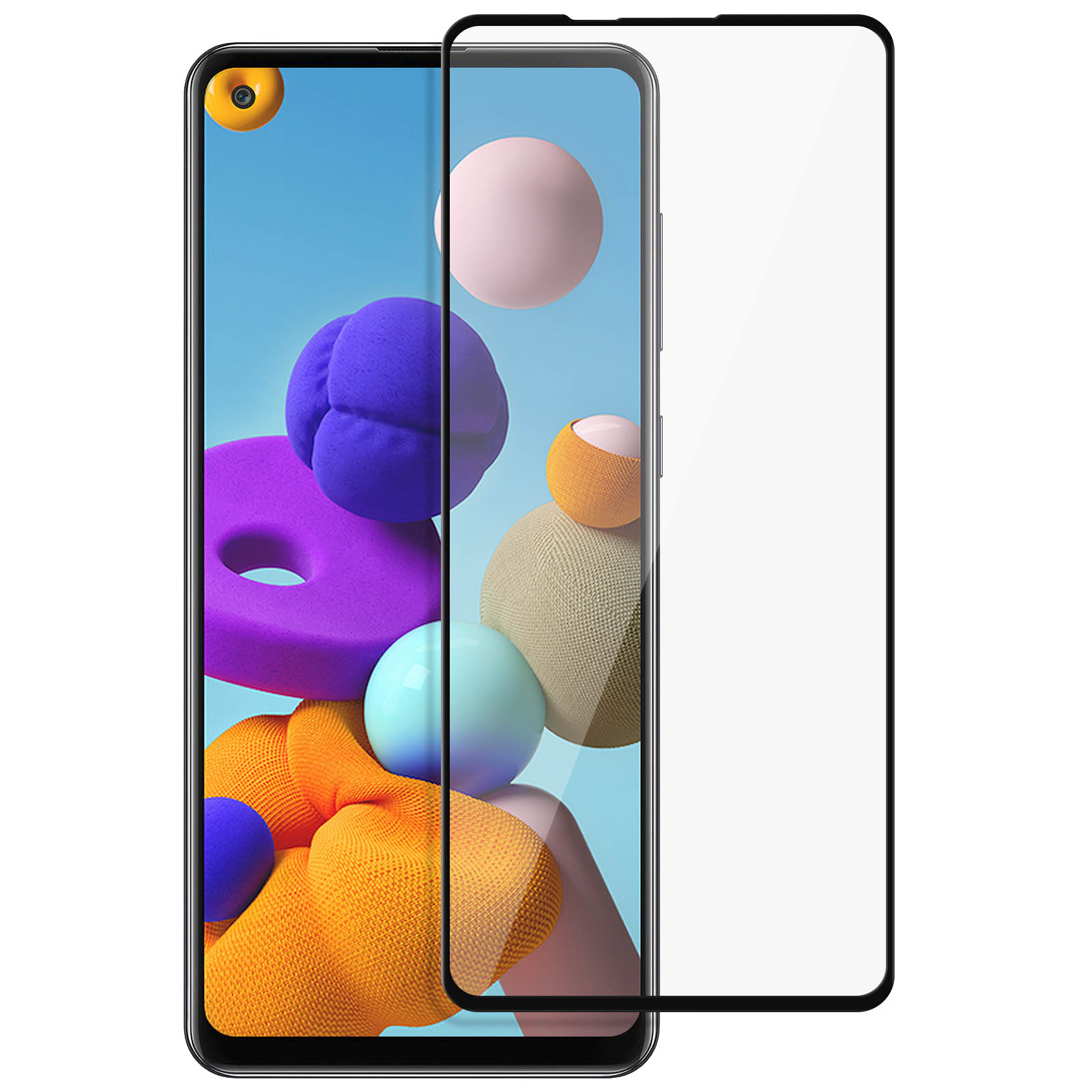 Smartphone screenprotector op een telefoon. De telefoon toont abstracte, kleurrijke vormen. De protector is helder en bedekt het scherm.
