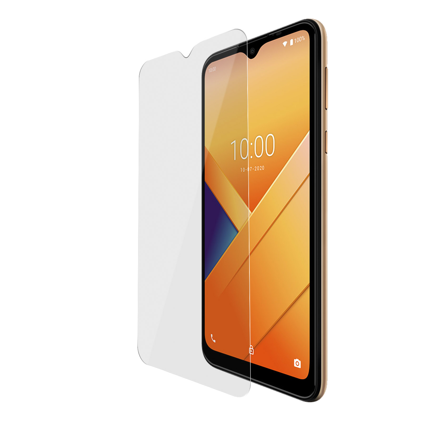 Uno smartphone con protezione schermo. Lo schermo mostra l'ora e la data. La protezione è trasparente.