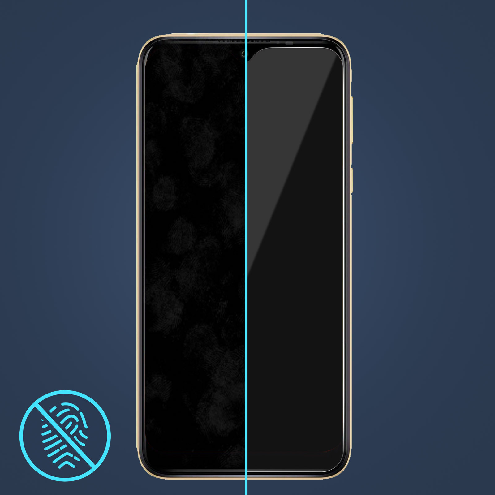 Un telefono con schermo che mostra impronte digitali da un lato e uno schermo nero pulito dall'altro.