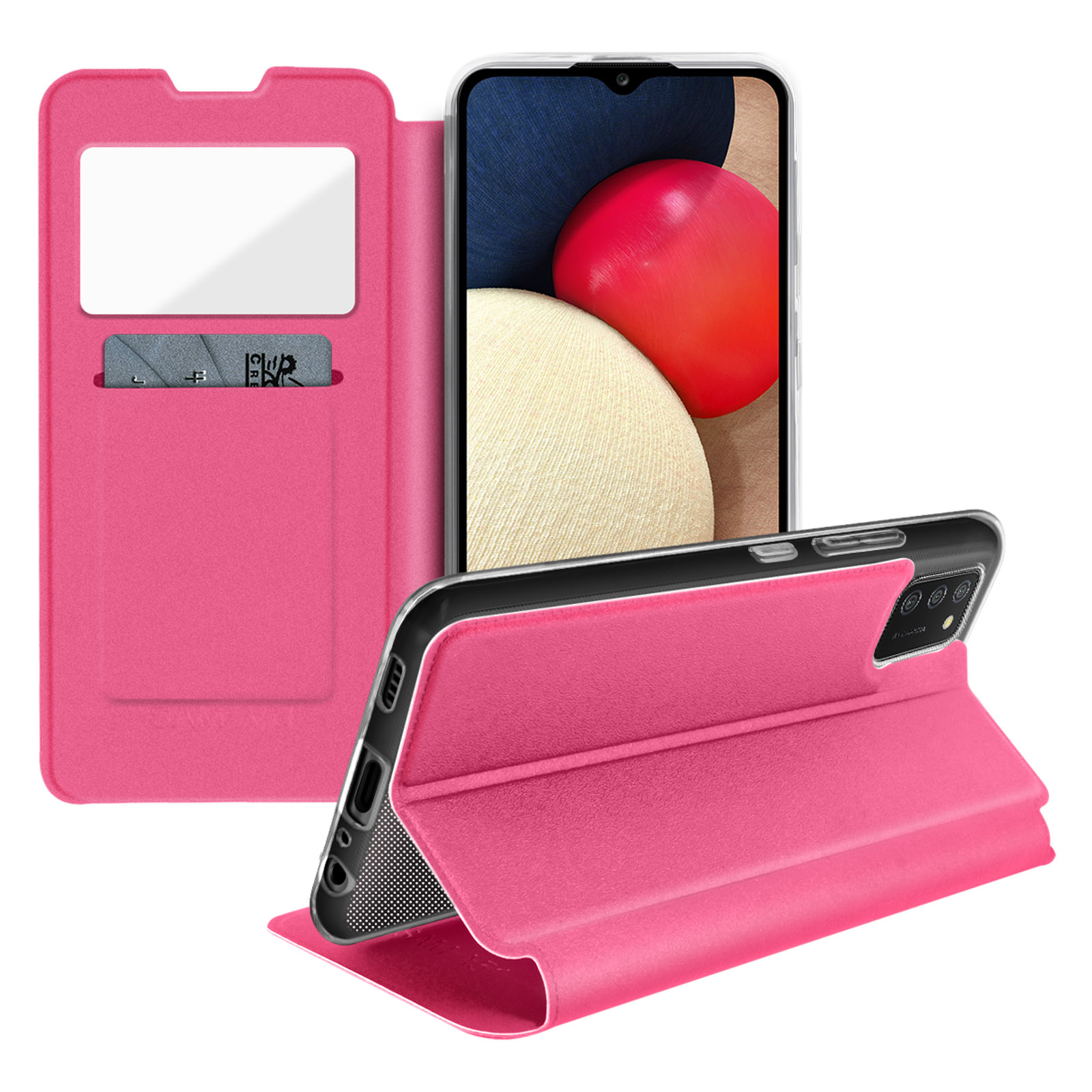 Una custodia rosa per smartphone, con un telefono che mostra uno schermo rosso e arancione.