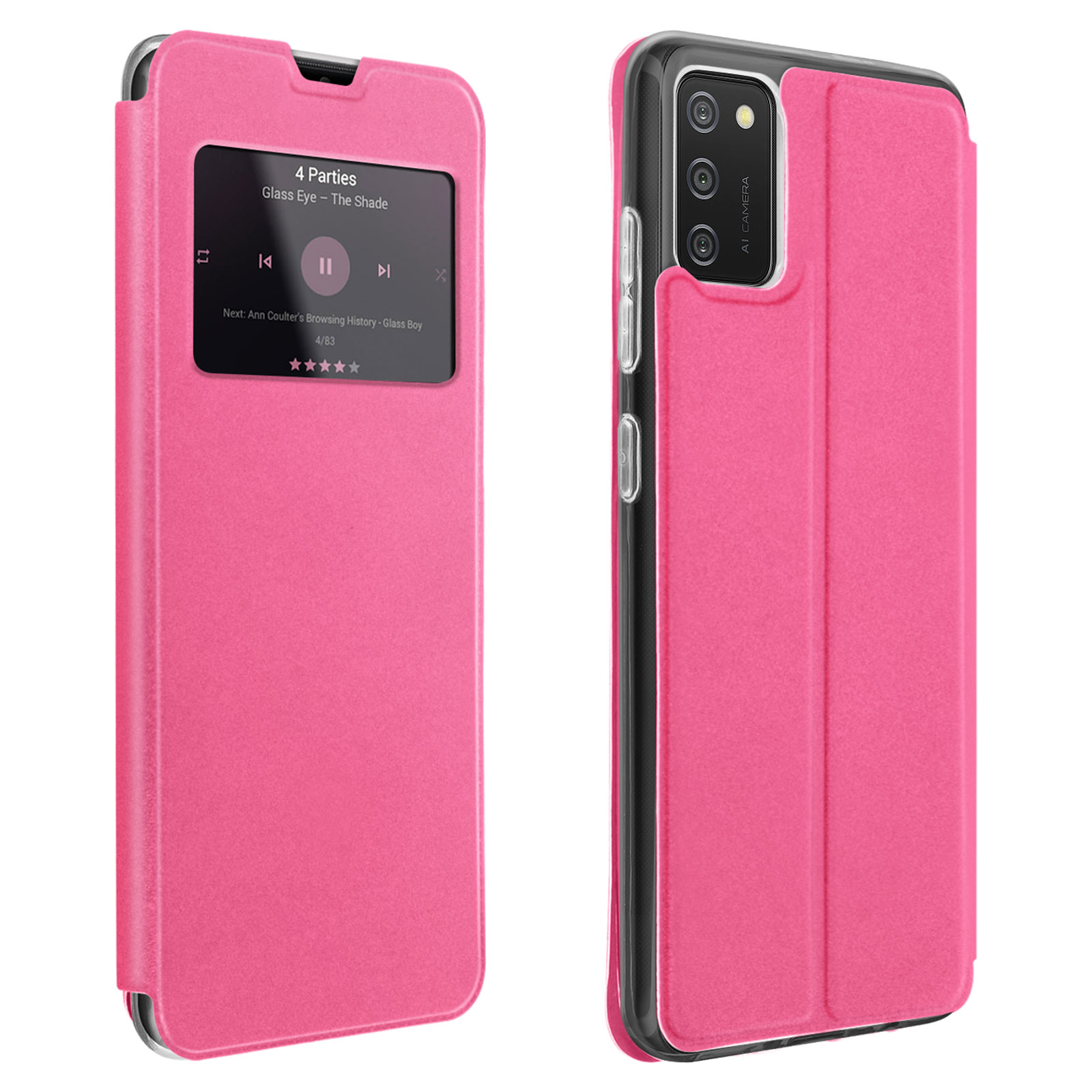 Custodia rosa con schermo che mostra controlli musicali e un telefono nero.